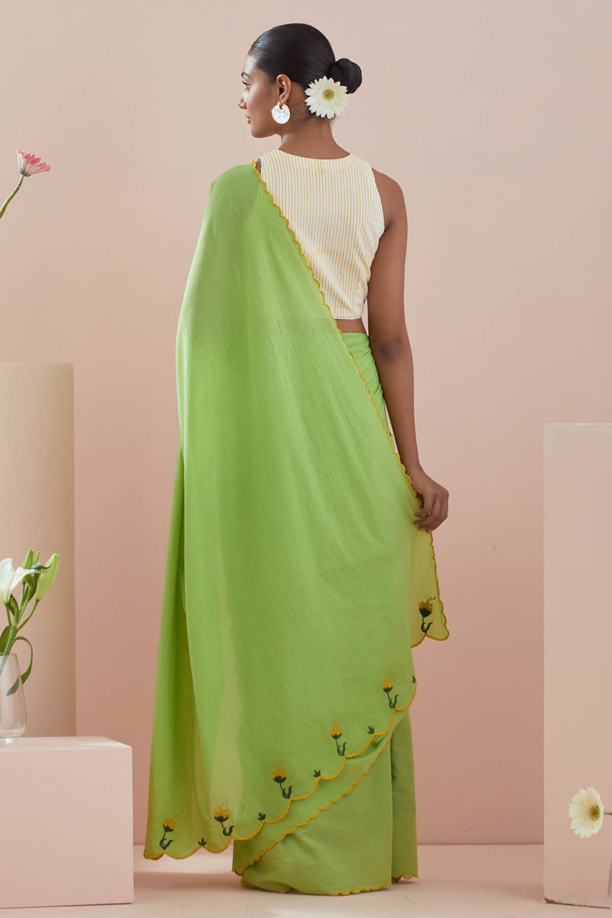 Green Cotton Embroidered Saree