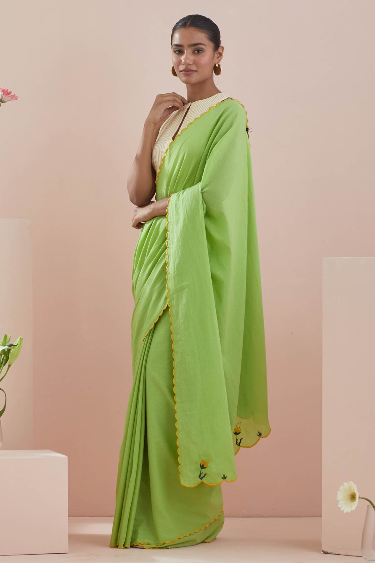 Green Cotton Embroidered Saree
