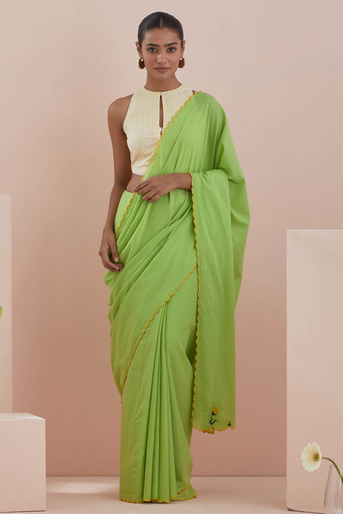 Vinusto Green Cotton Embroidered Saree for women online at ScrollnShops
