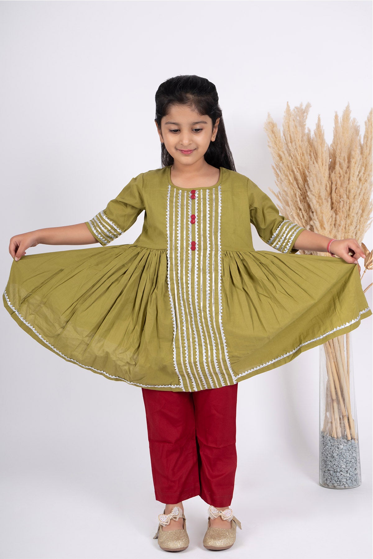 Green Cotton Flared Kurta Set
