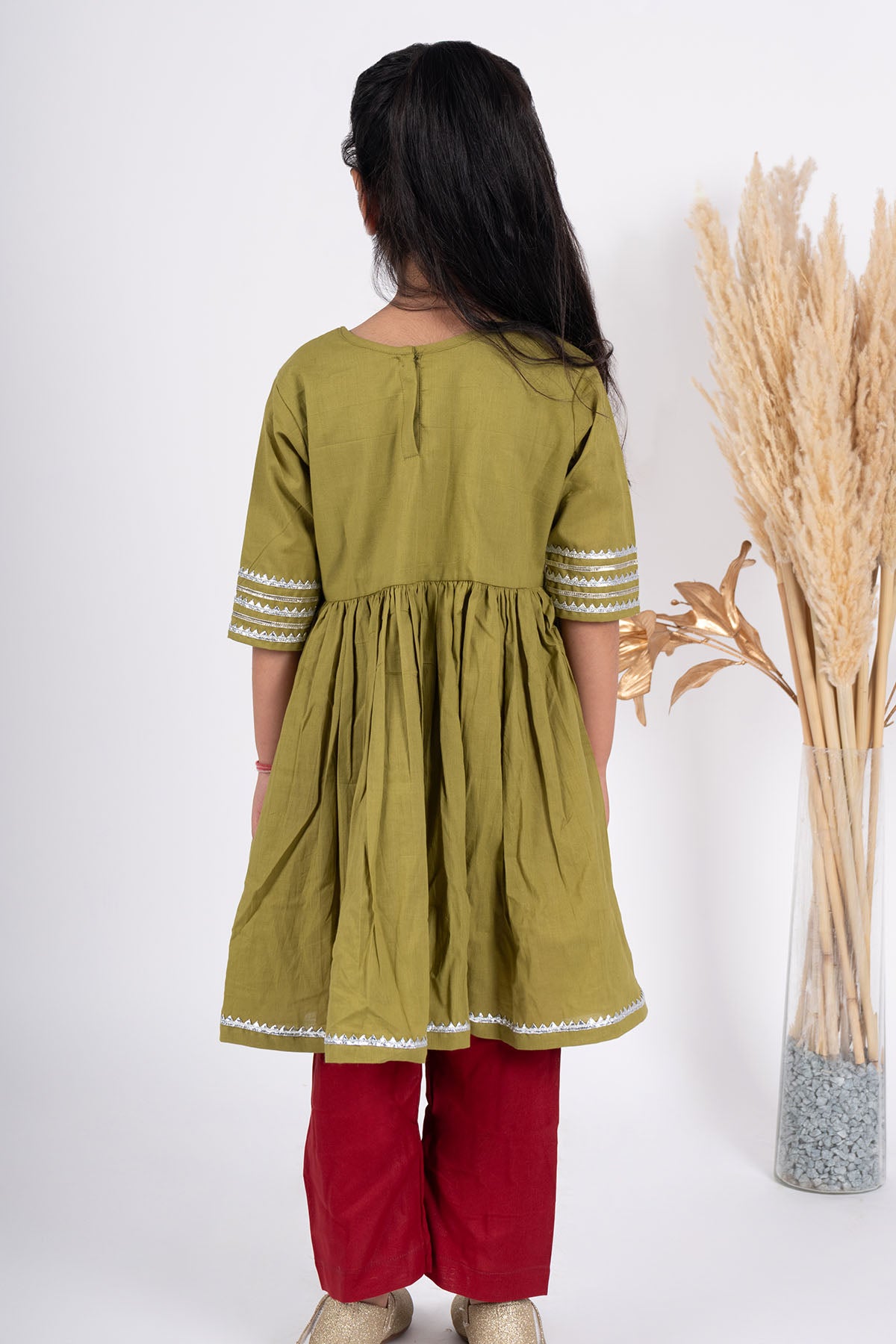 Green Cotton Flared Kurta Set