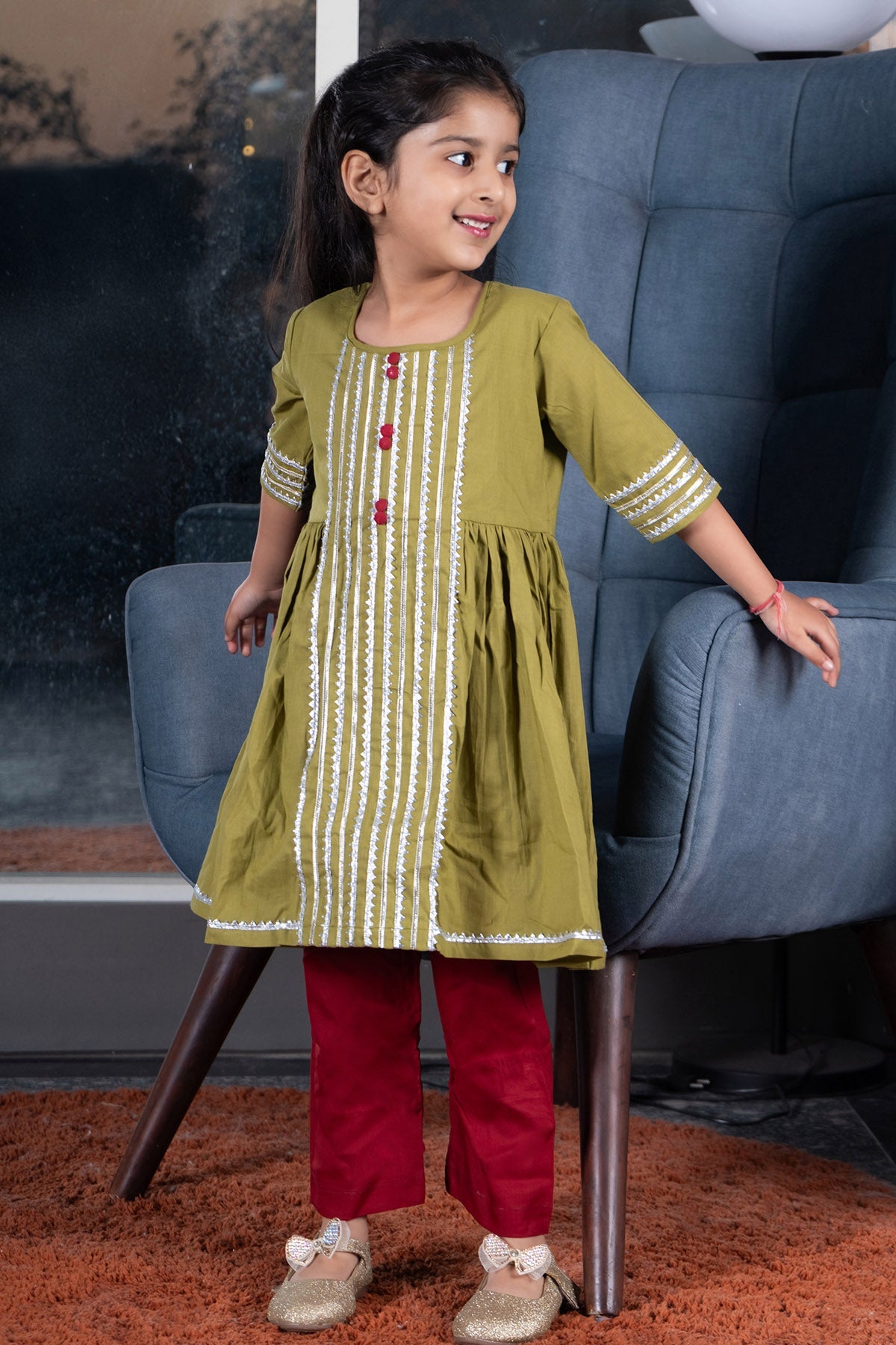 Buy Green Cotton Flared Kurta Set by ViYa for Girls online at ScrollnShops