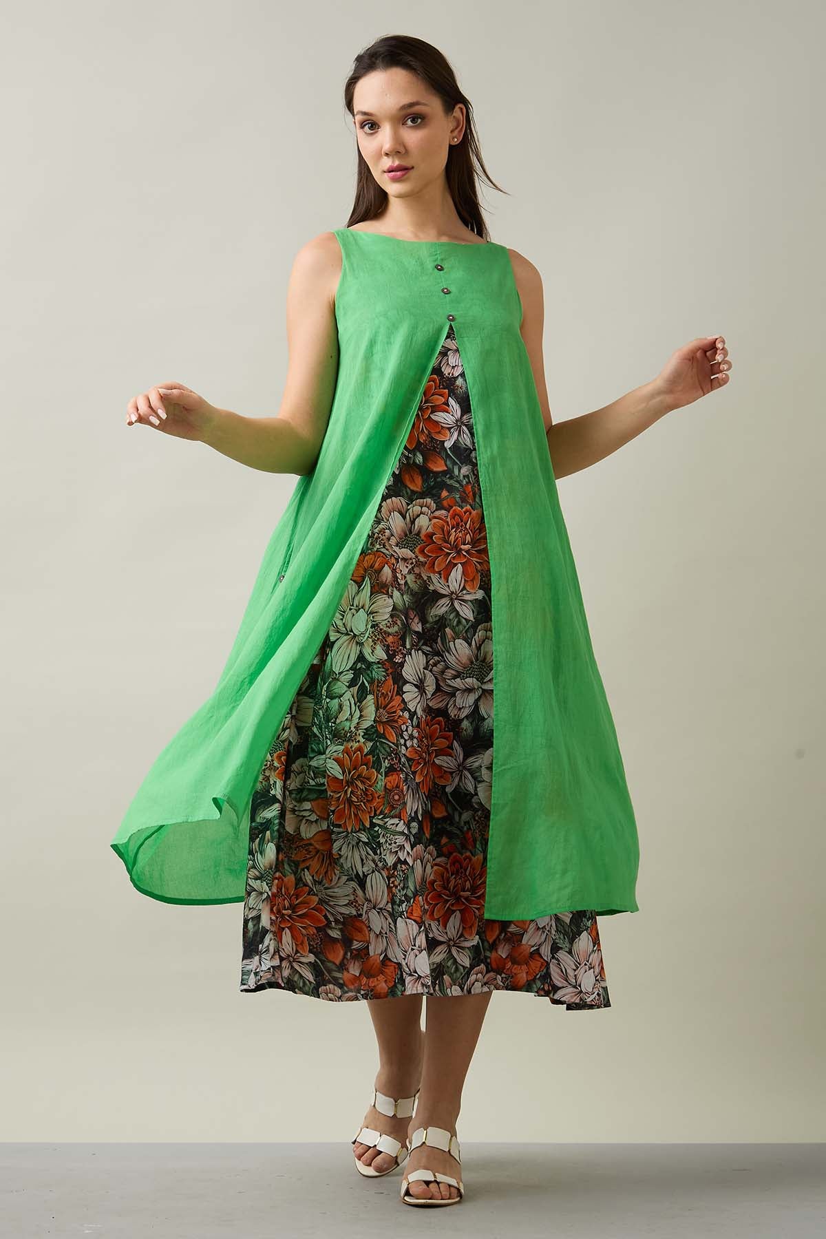 Green Cotton Front Open Dress