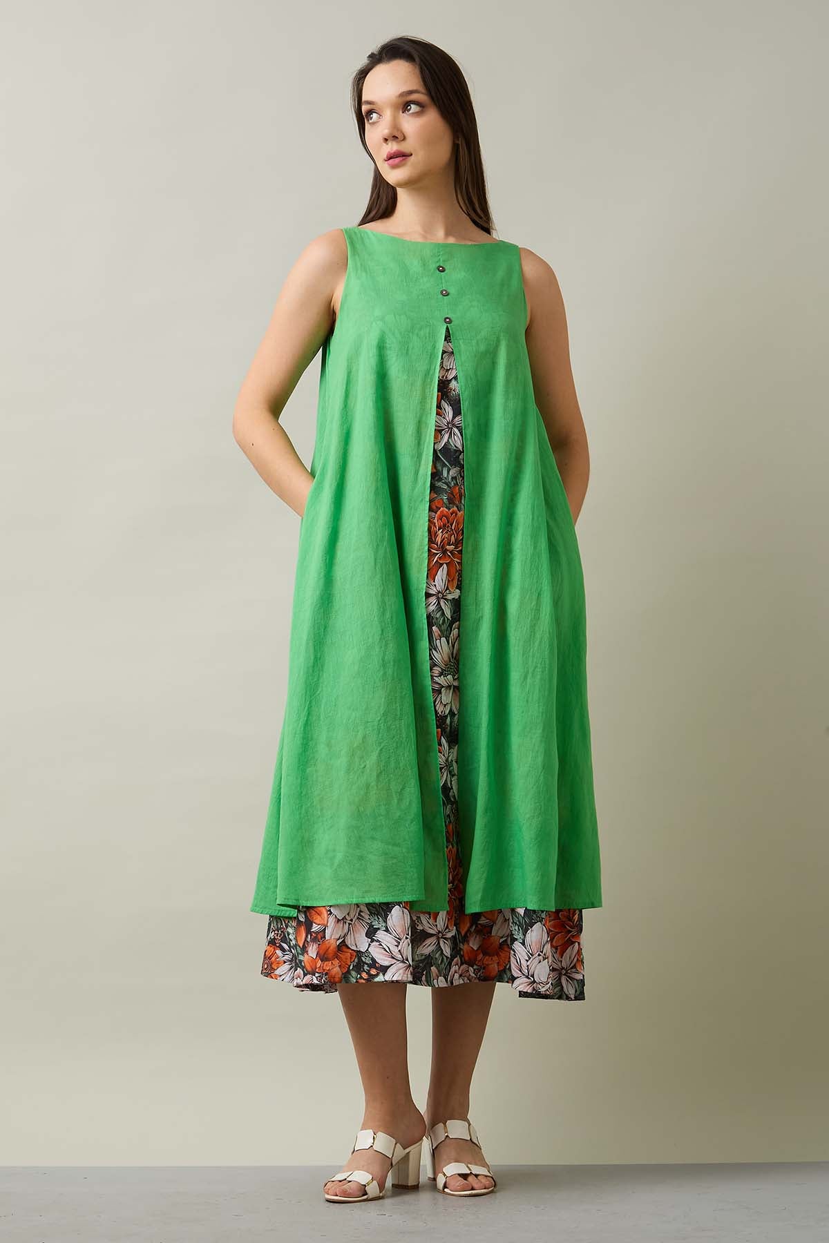 Green Cotton Front Open Dress