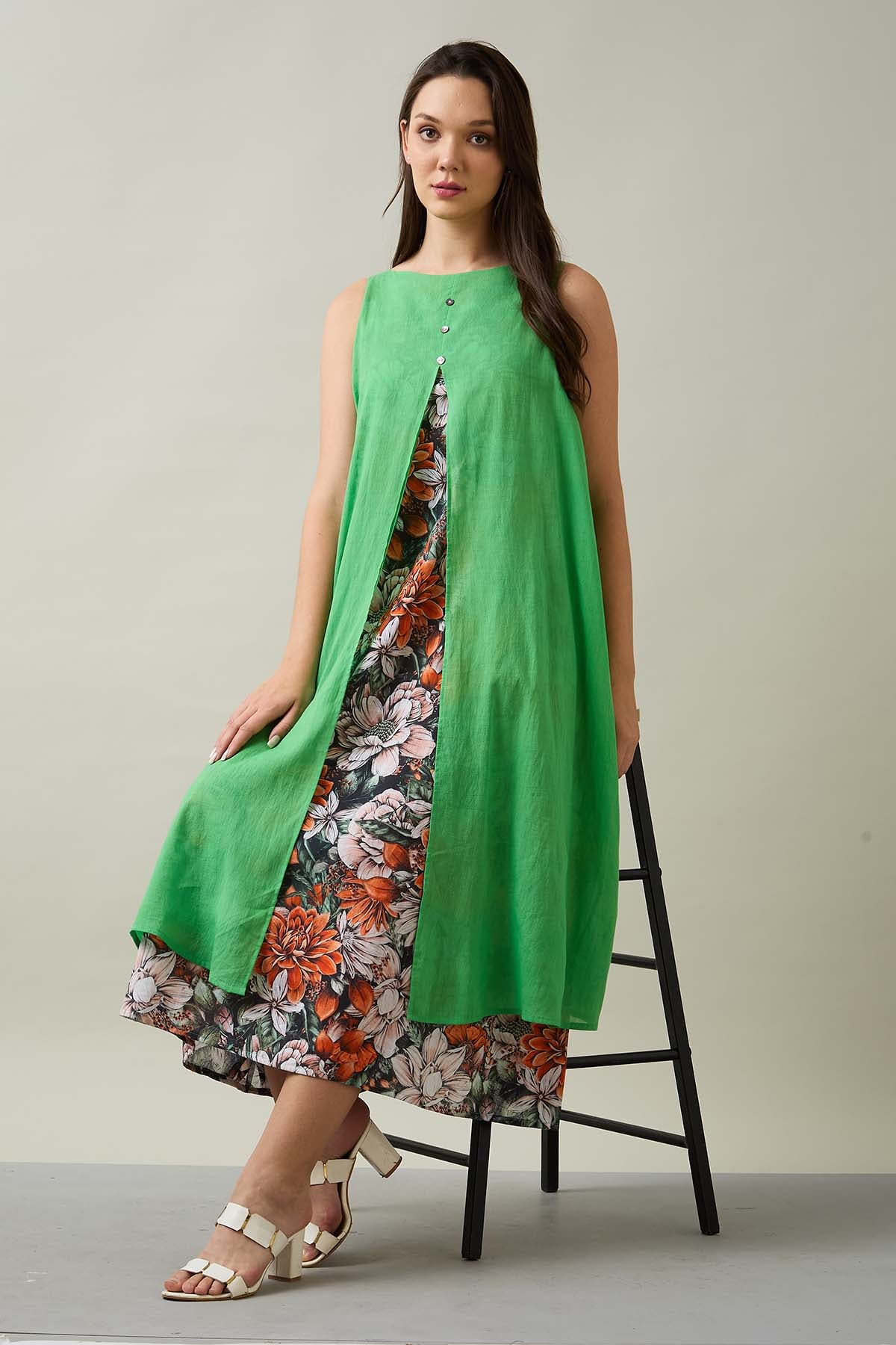 Green Cotton Front Open Dress