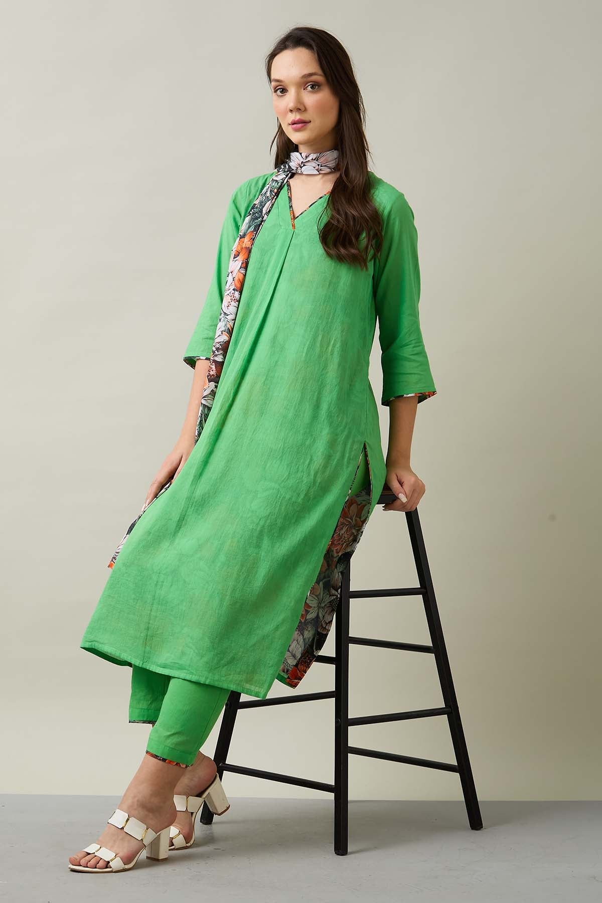 Buy Green Cotton Kurta Set & Stole by SNEHA B for women online at ScrollnShops