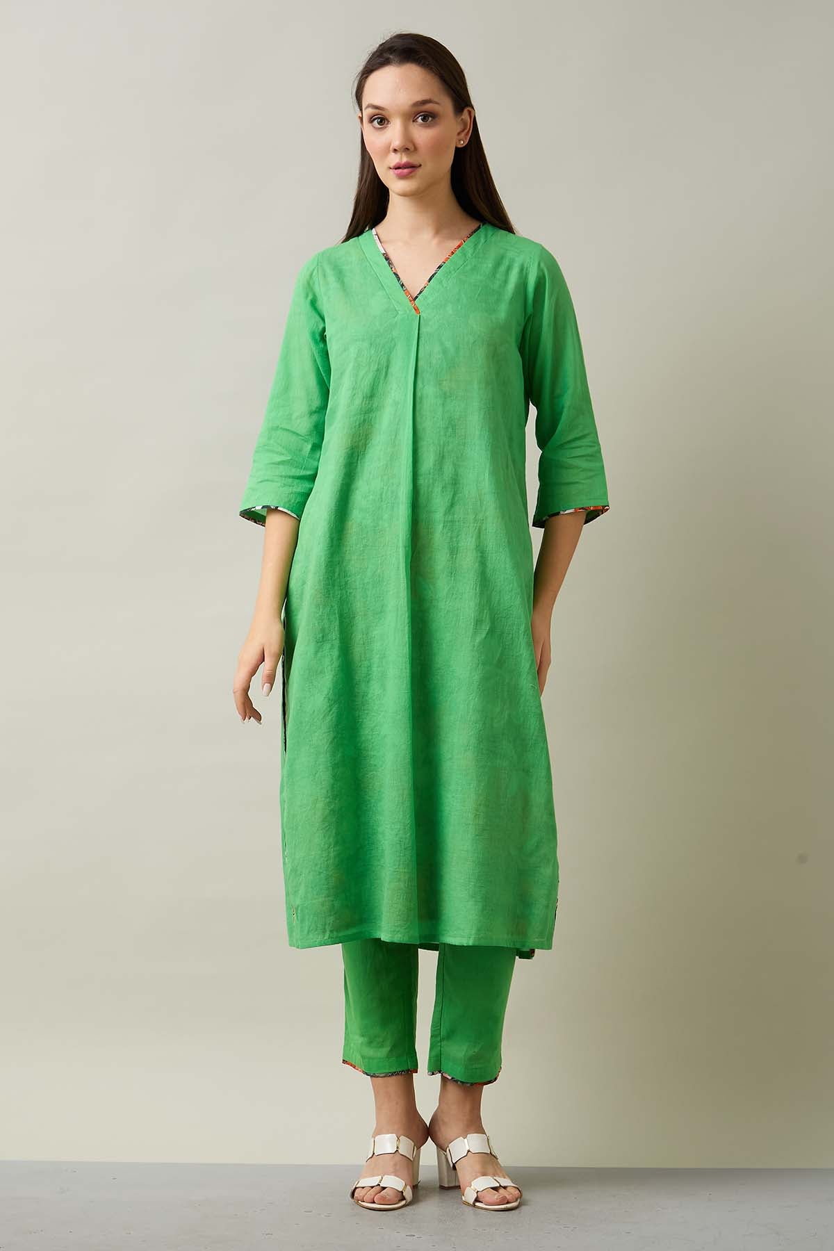 Green Cotton Kurta Set & Stole