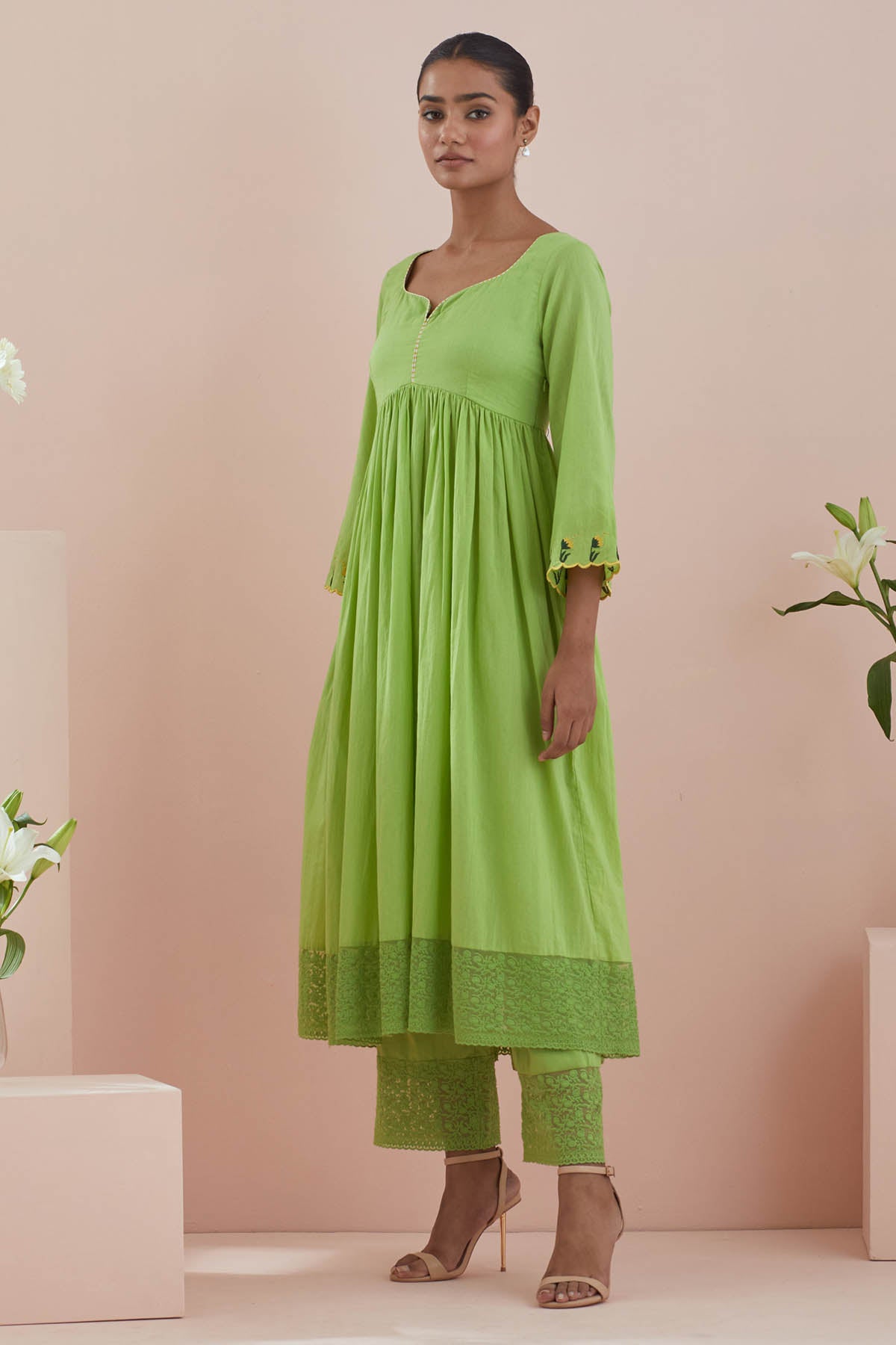 Green Cotton Lace Anarkali Set