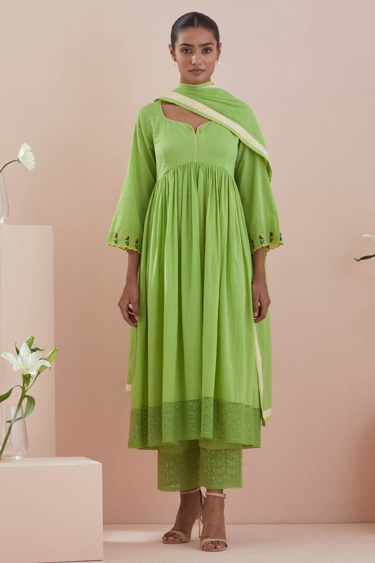 Vinusto Green Cotton Lace Anarkali Set for women online at ScrollnShops