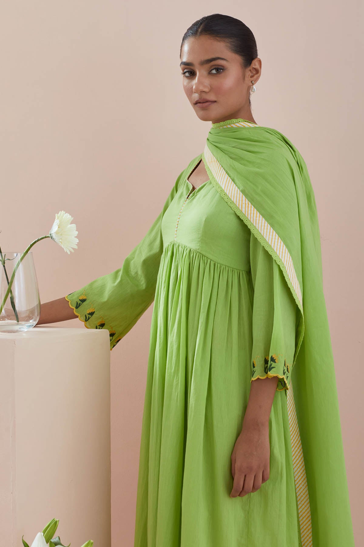 Green Cotton Lace Anarkali Set