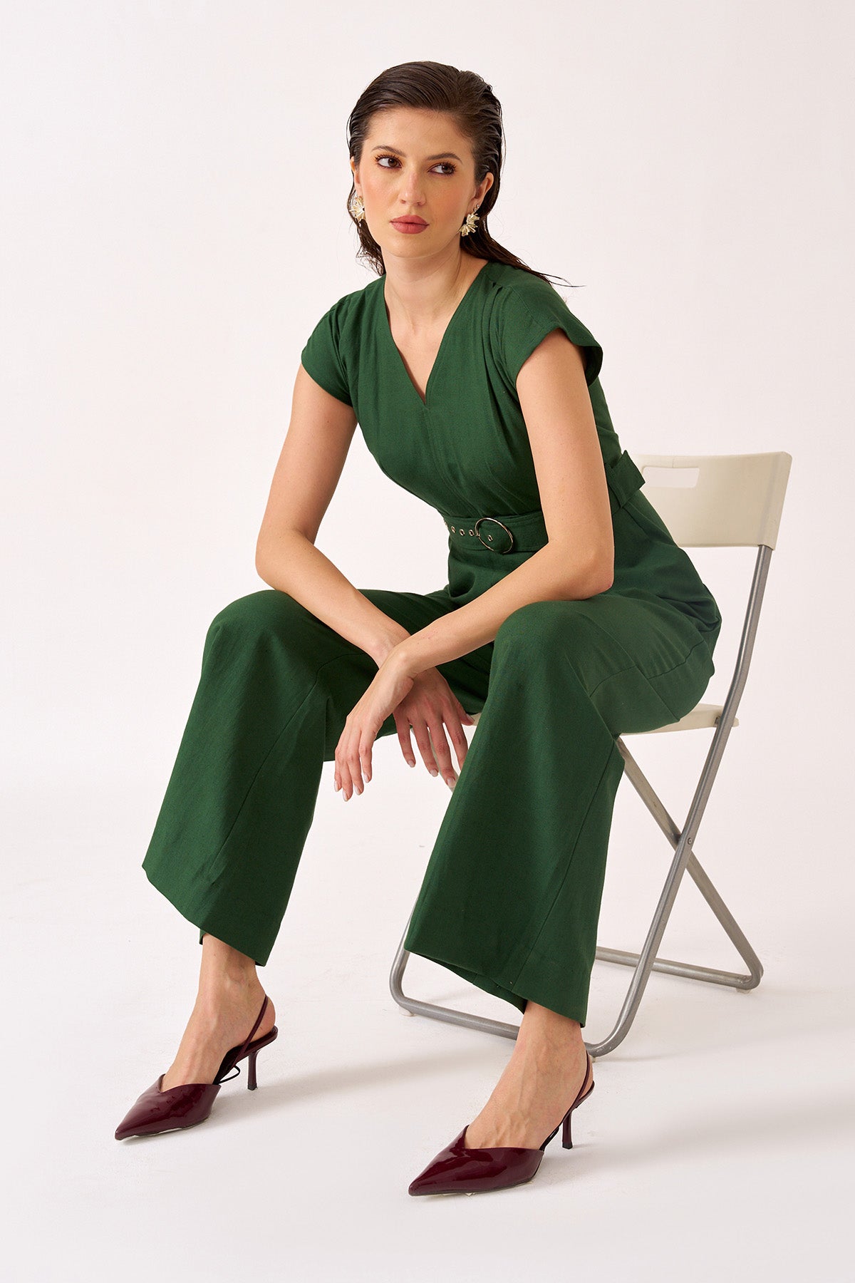 Green Cotton Linen Cap Jumpsuit