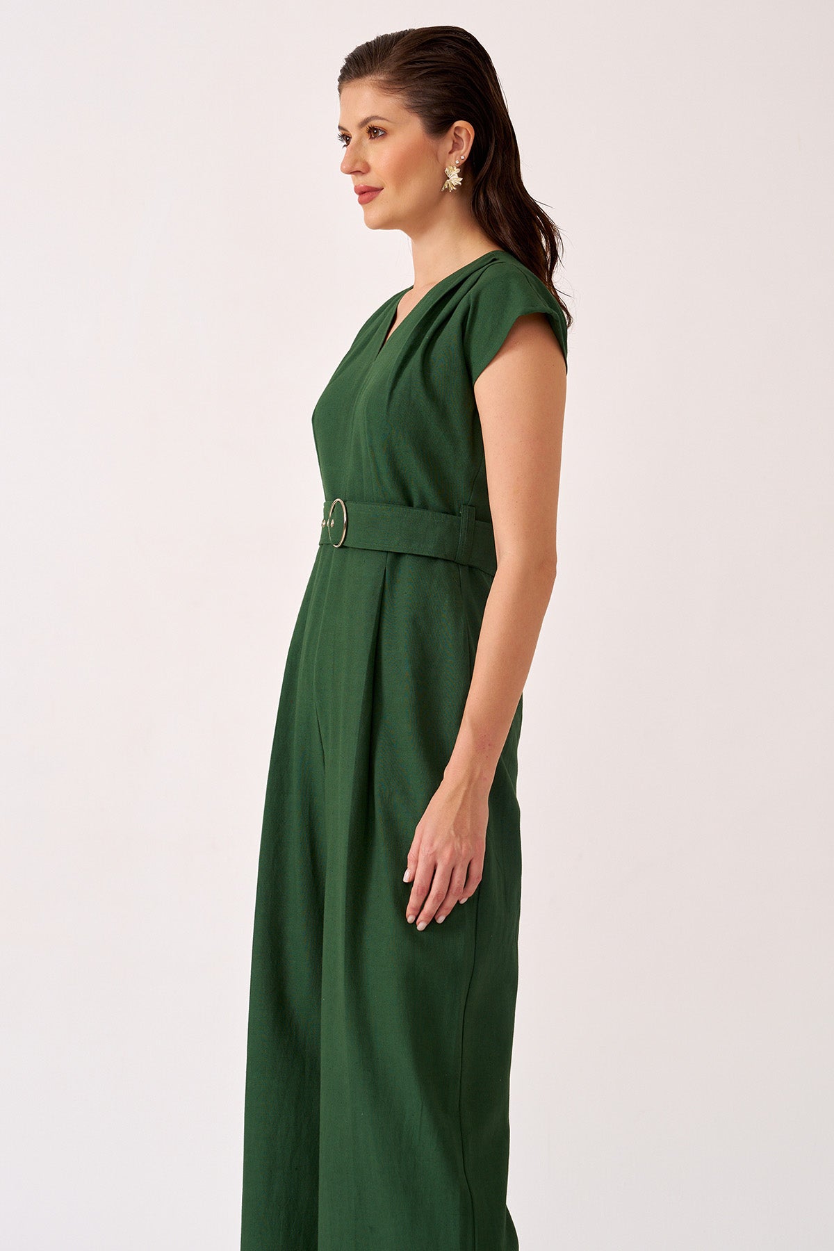 Green Cotton Linen Cap Jumpsuit