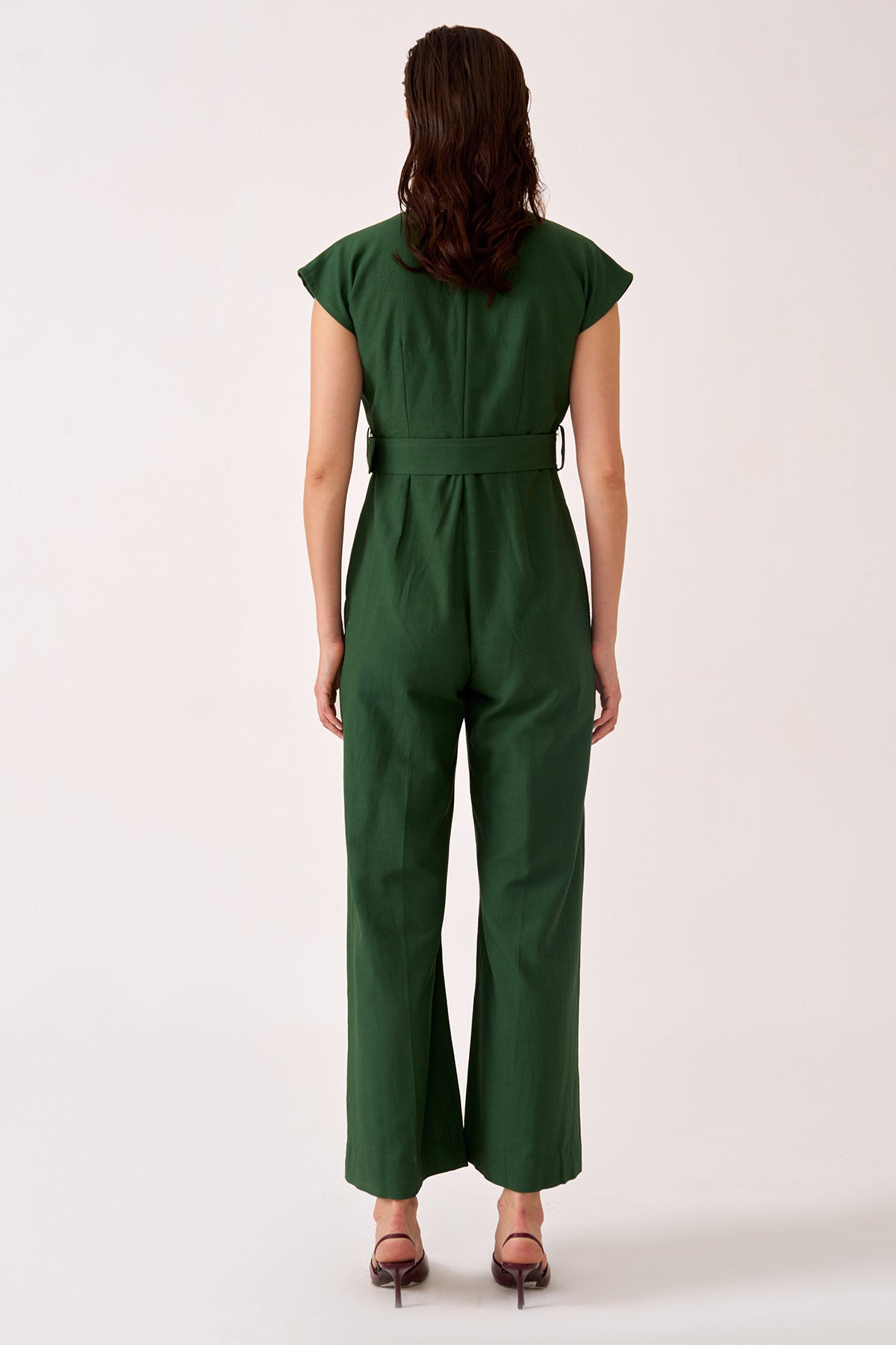 Green Cotton Linen Cap Jumpsuit