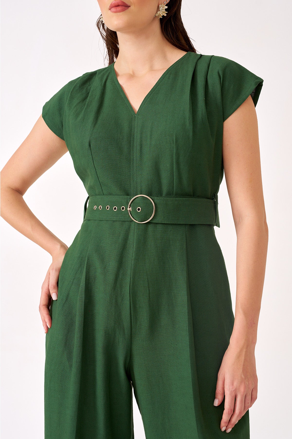 Green Cotton Linen Cap Jumpsuit