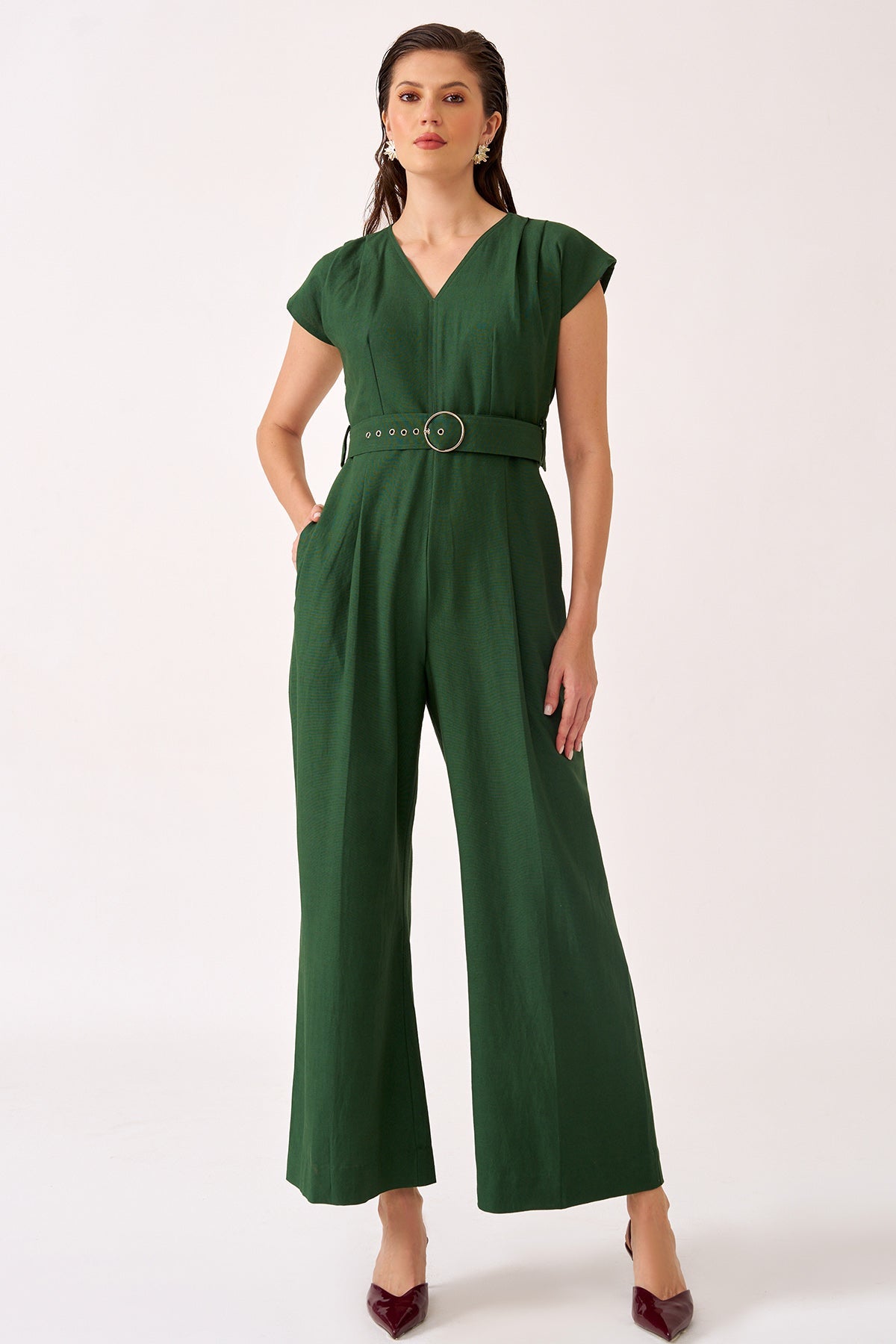 Buy Green Cotton Linen Cap Jumpsuit for women by Vanten online available at scrollnshops