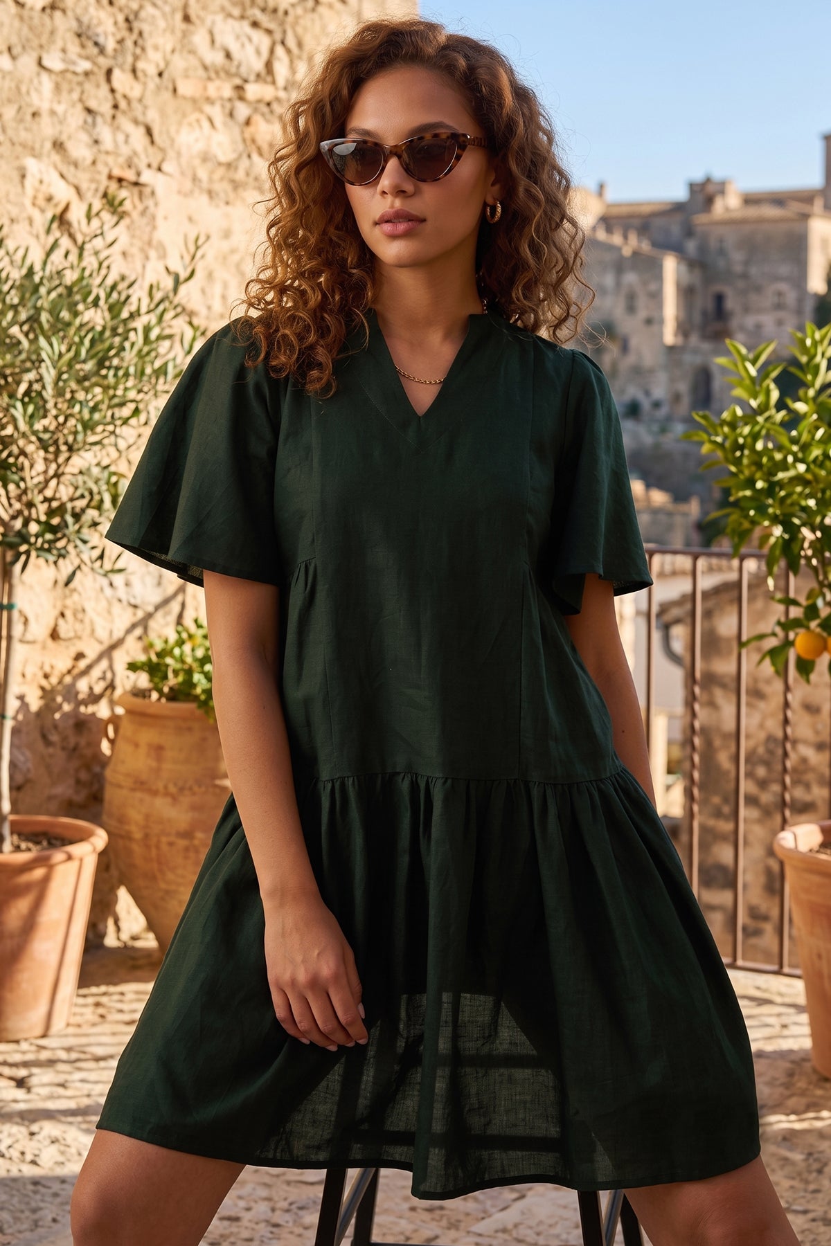 Cotton Linen Green Flare Dress