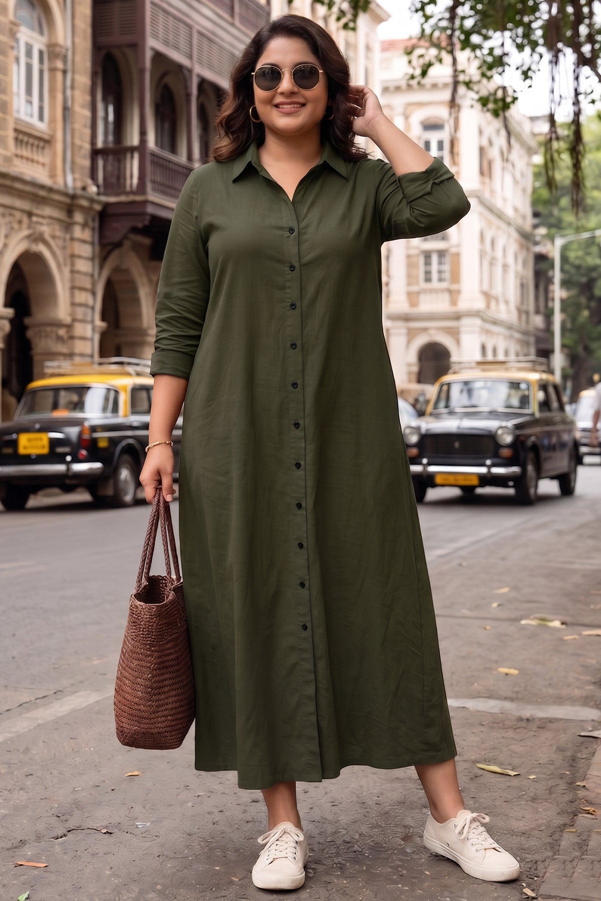 Green Cotton Maxi Shirt Dress