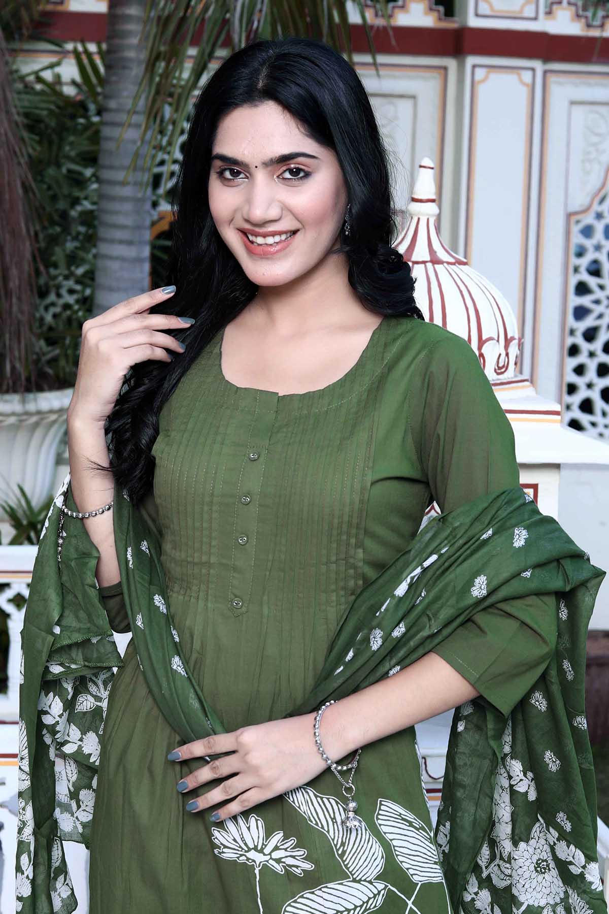 Green Cotton Pintuck Kurta Set