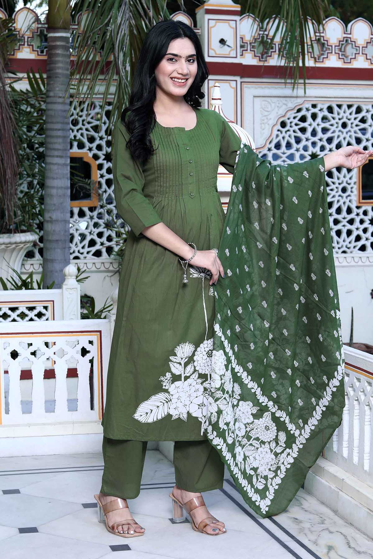 Green Cotton Pintuck Kurta Set
