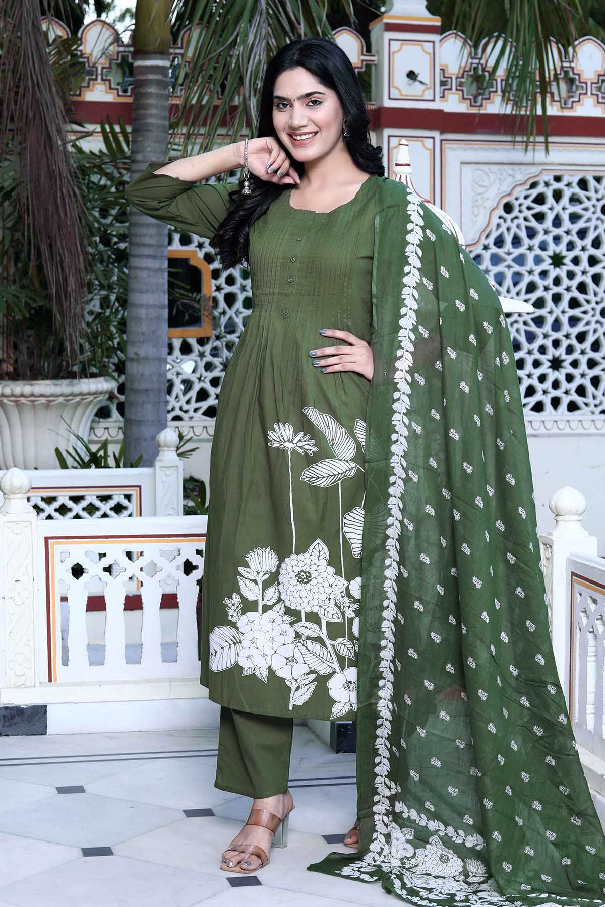 Green Cotton Pintuck Kurta Set