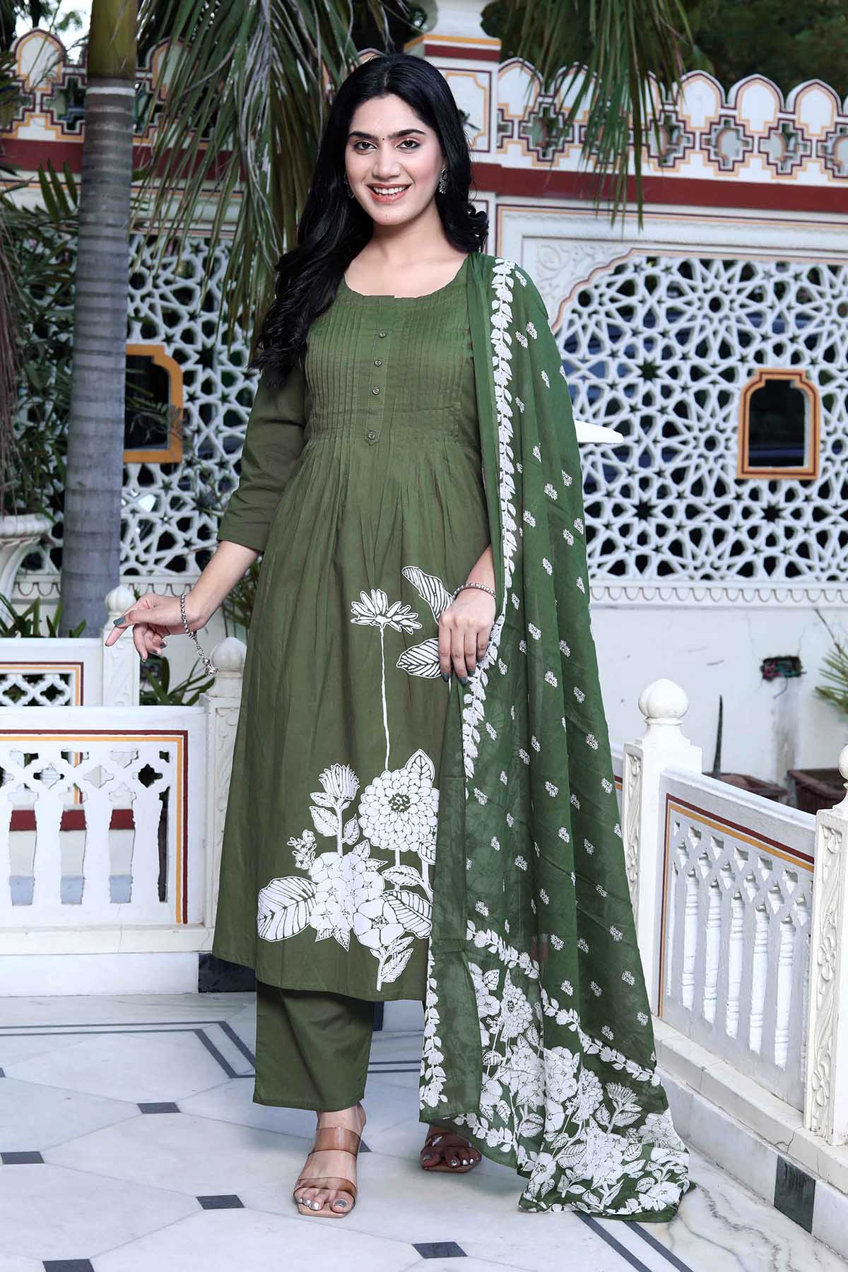 Buy Green Cotton Pintuck Kurta Set by Miravan for women online at ScrollnShops