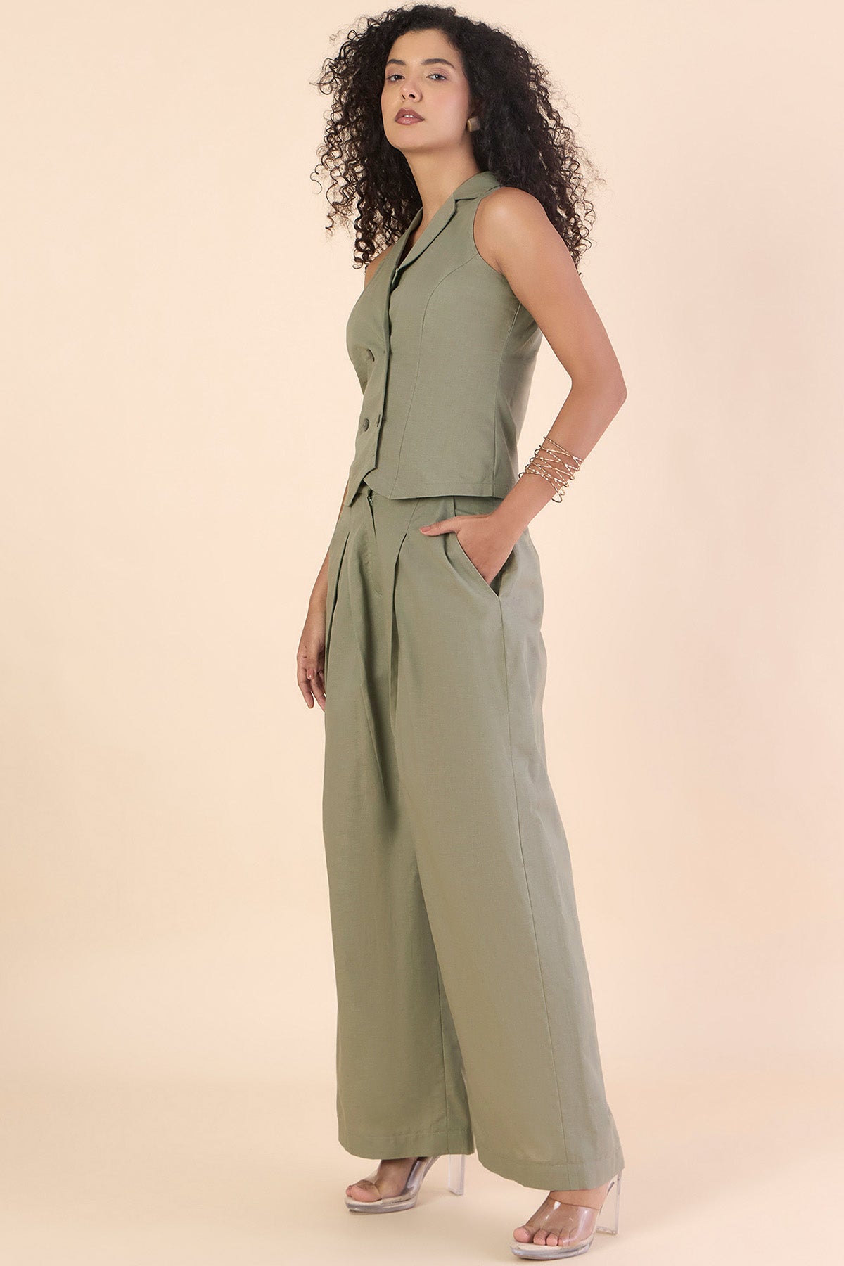 Green Cotton Pleated Co-ord Set