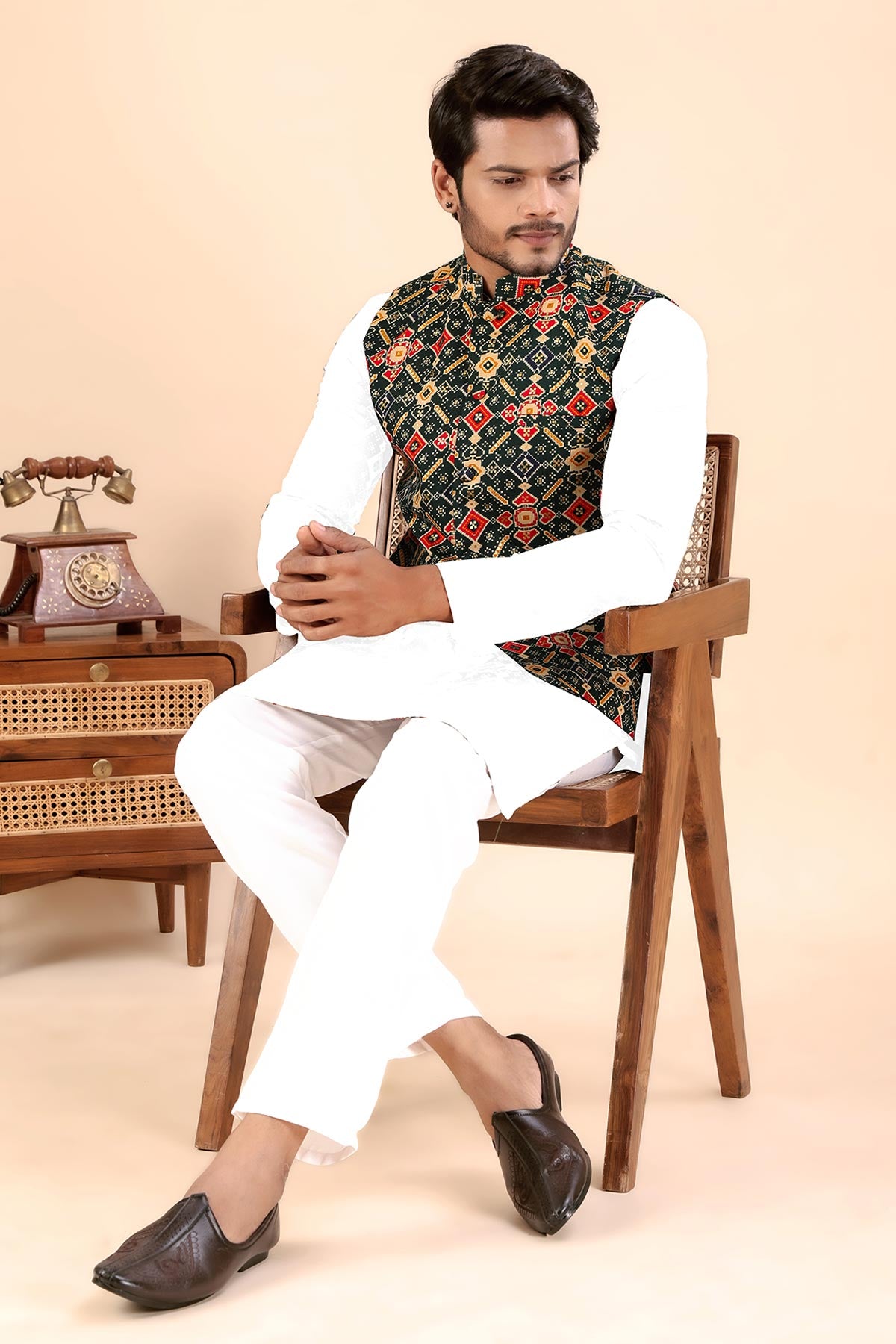 Green Cotton Print Bundi Jacket
