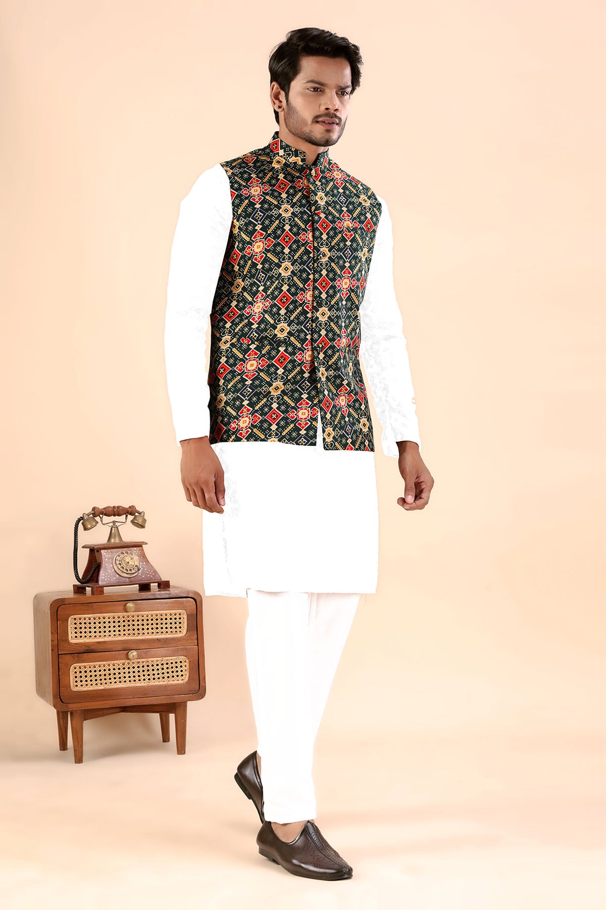 Green Cotton Print Bundi Jacket