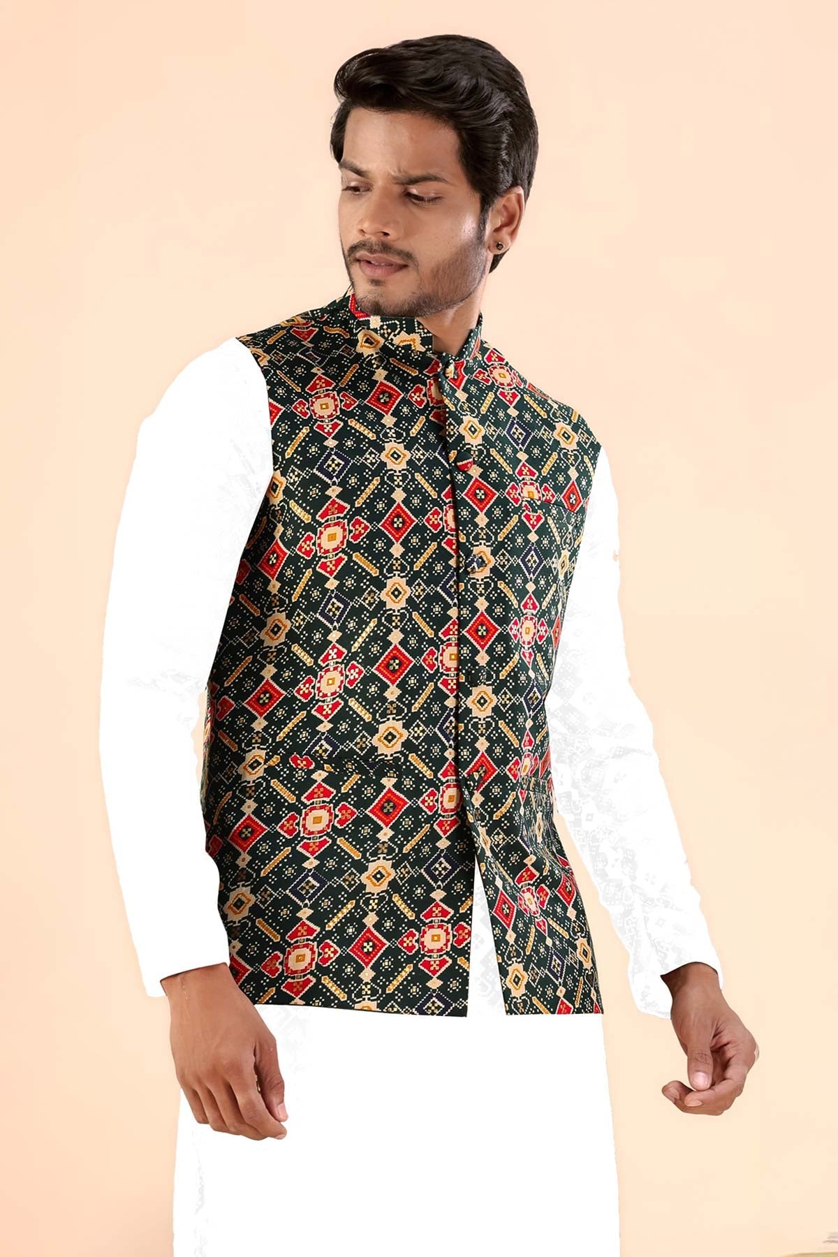 Buy Green Cotton Print Bundi Jacket for women by Priyanka Jain online available at scrollnshops