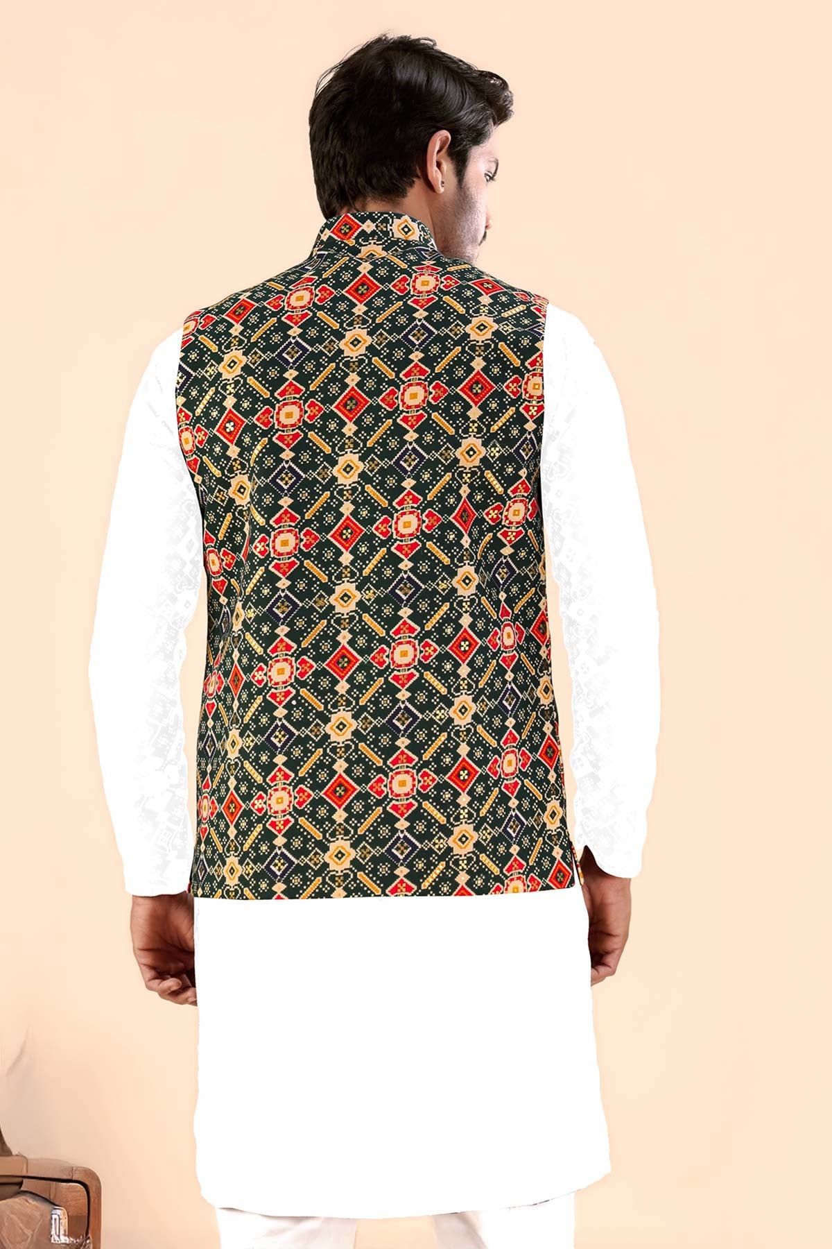Green Cotton Print Bundi Jacket