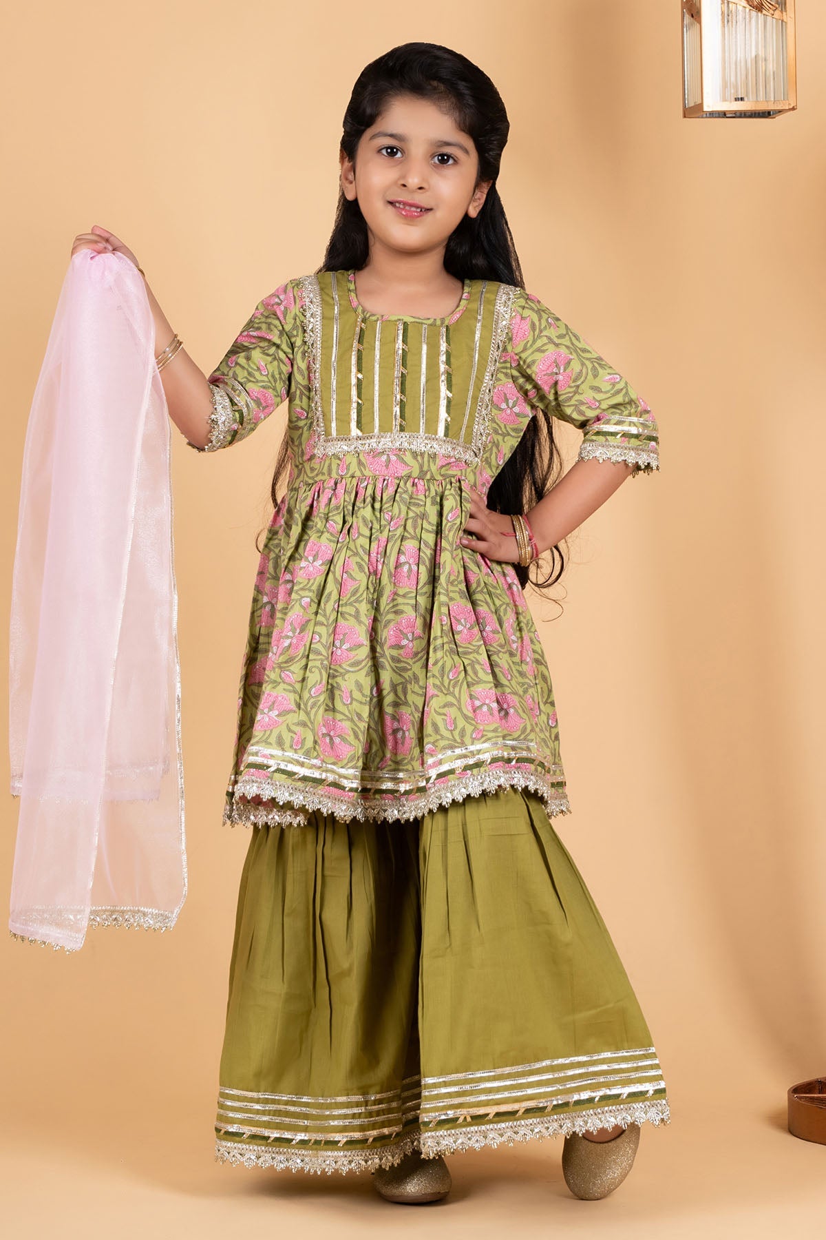 Buy Green Cotton Print Sharara Set by ViYa for Girls online at ScrollnShops