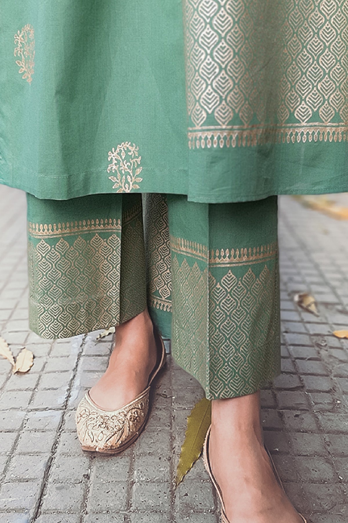 Green Cotton Printed Kurta Set