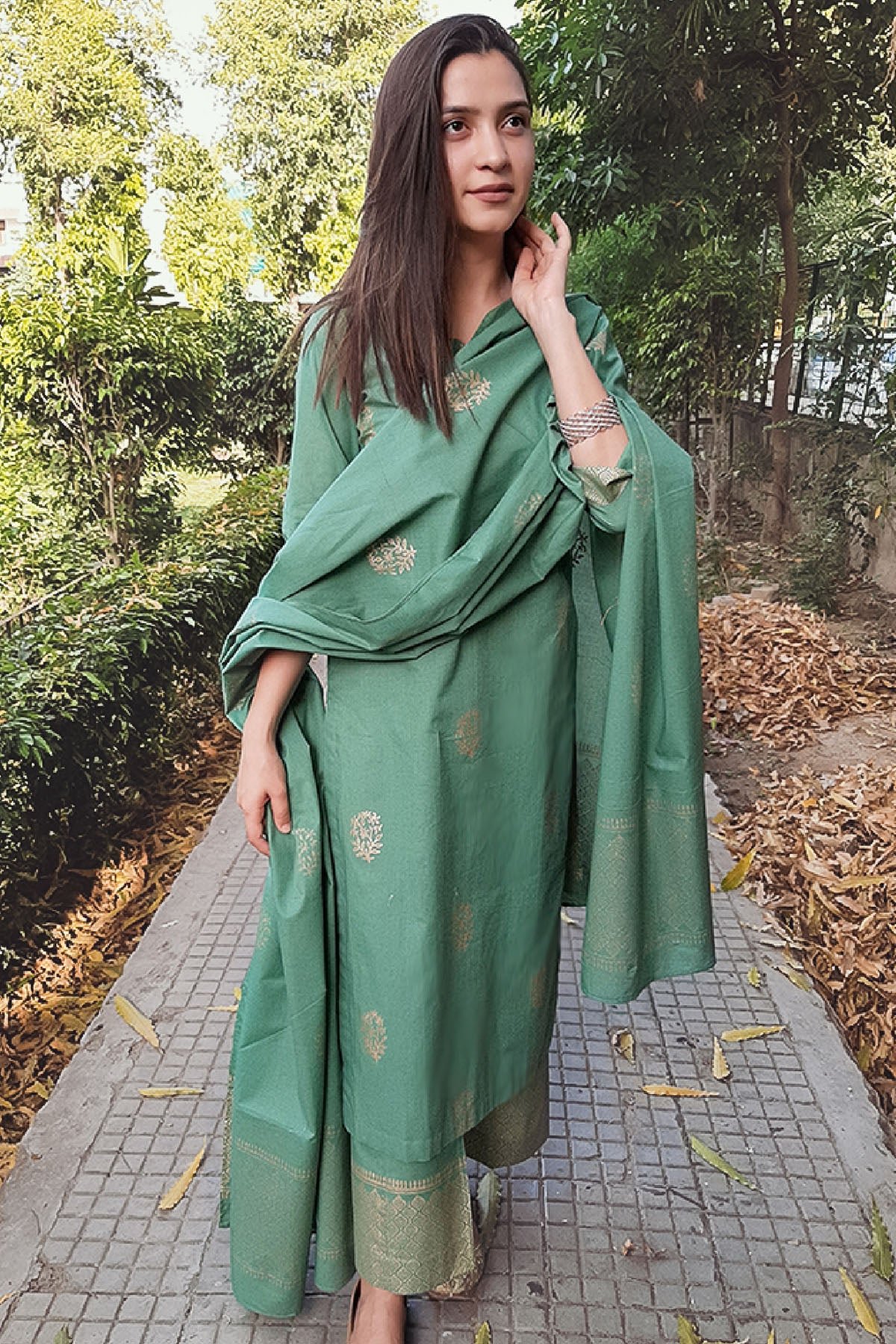 Green Cotton Printed Kurta Set