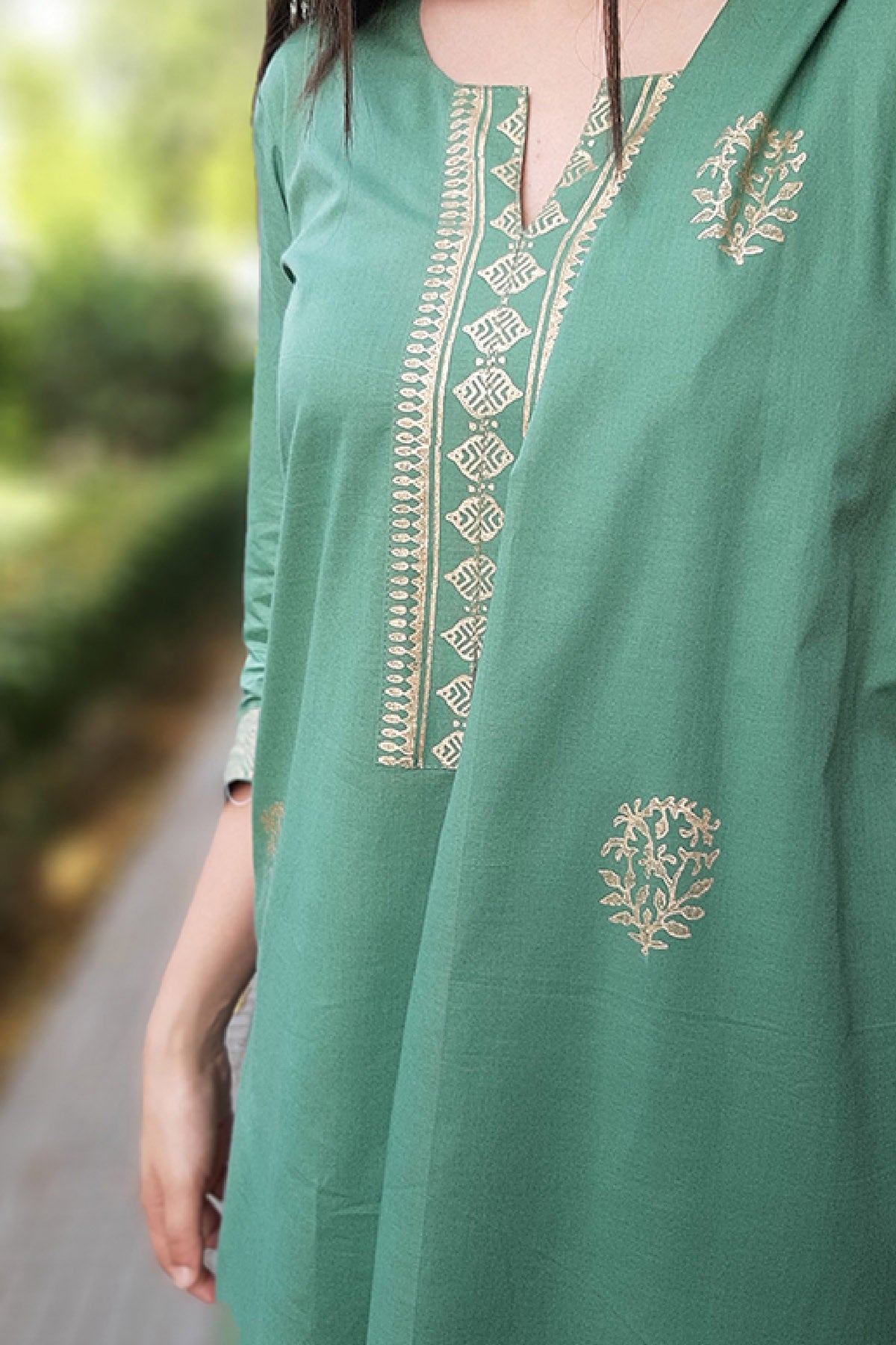 Green Cotton Printed Kurta Set