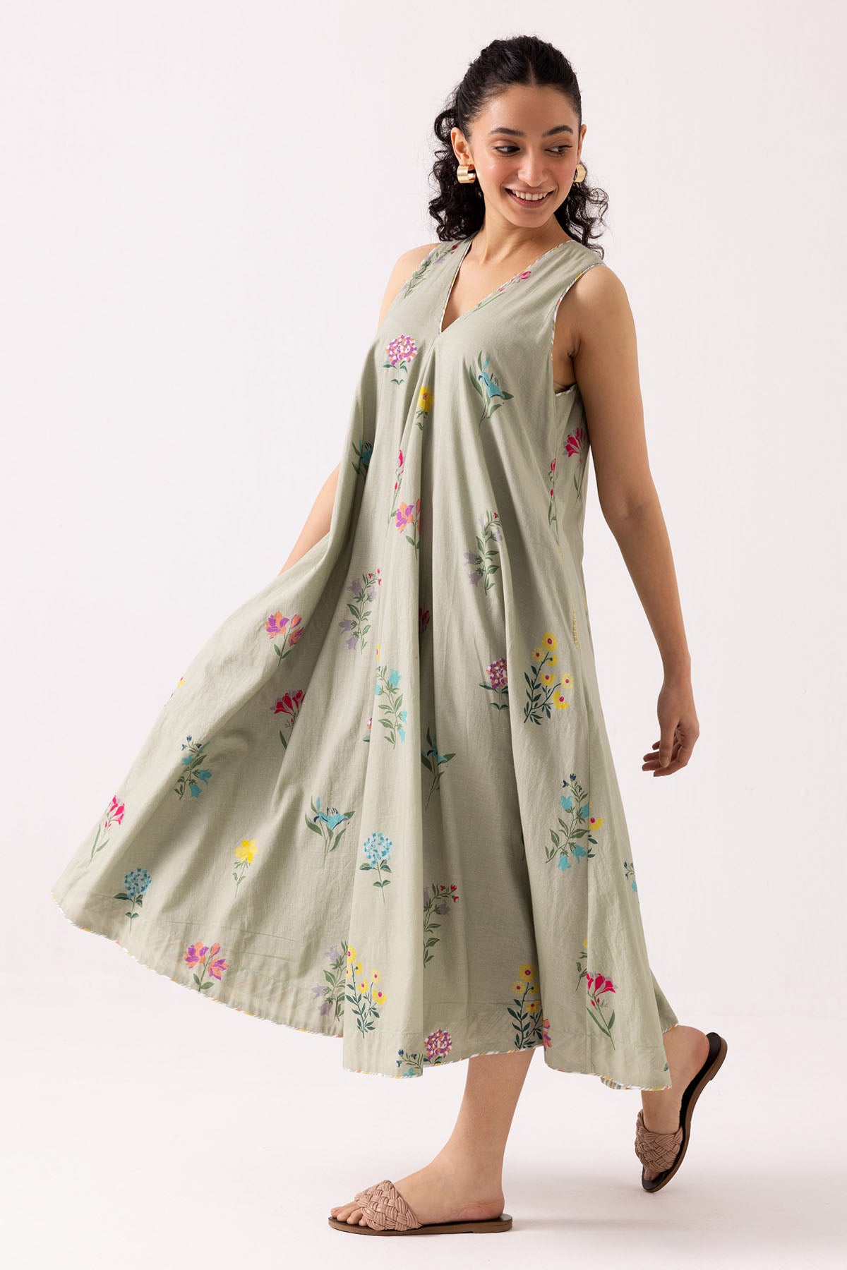 Green Cotton Printed Midi Dress