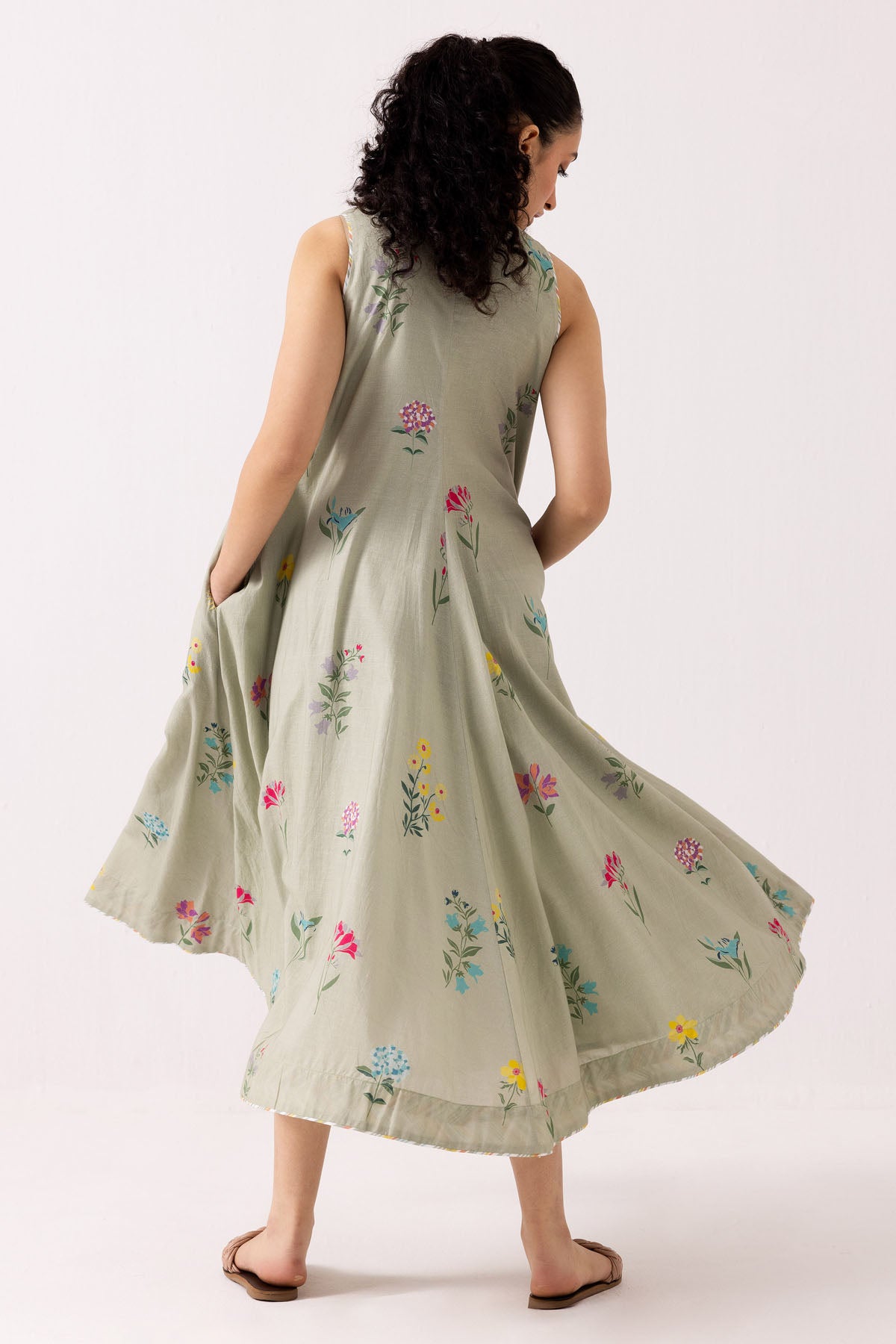 Green Cotton Printed Midi Dress