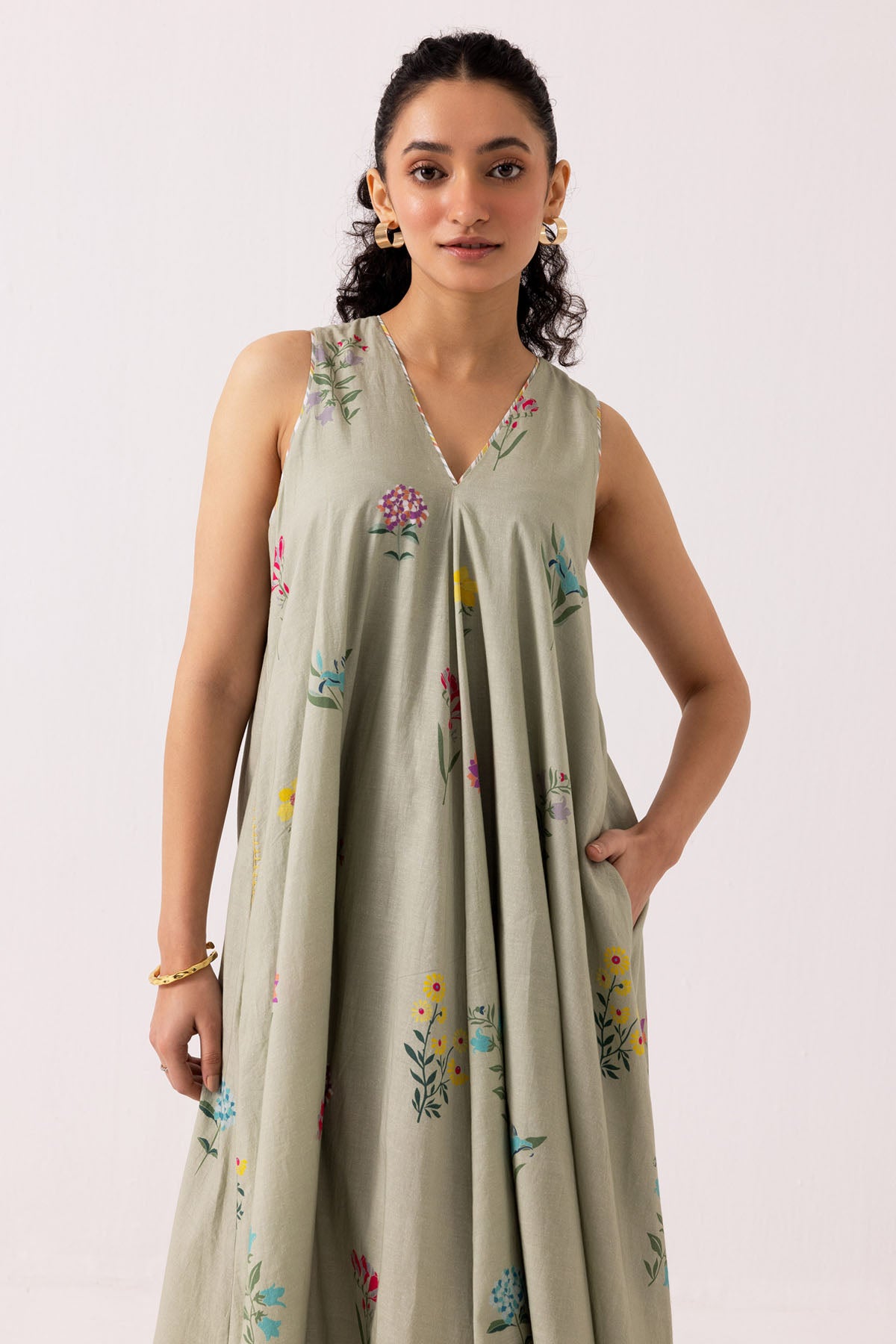 Green Cotton Printed Midi Dress