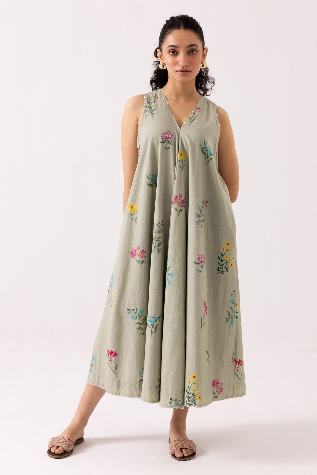 Label Shreya Sharma Green Cotton Printed Midi Dress for women online at ScrollnShops