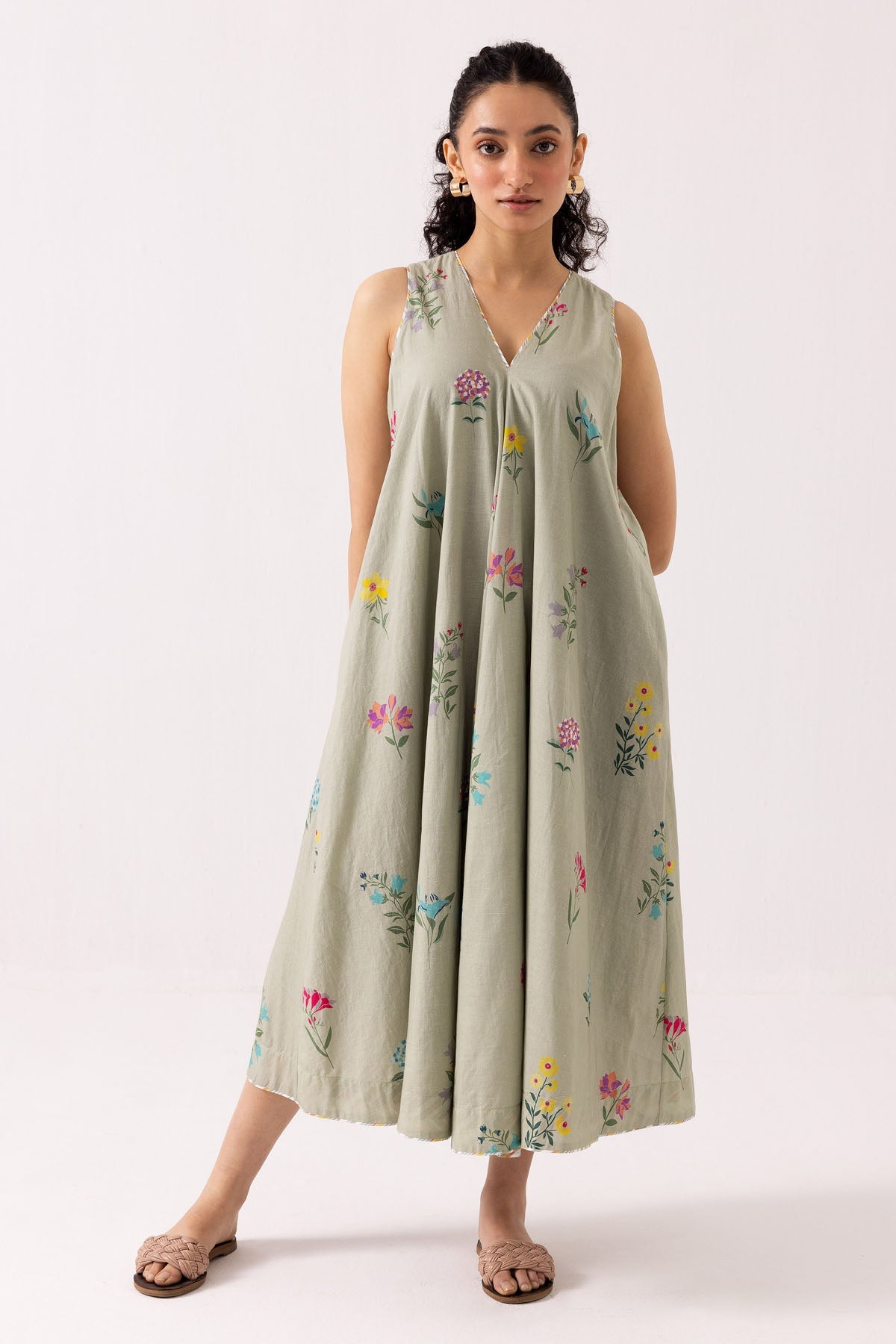 Buy Designer Green Cotton Printed Midi Dress Online at ScrollnShops