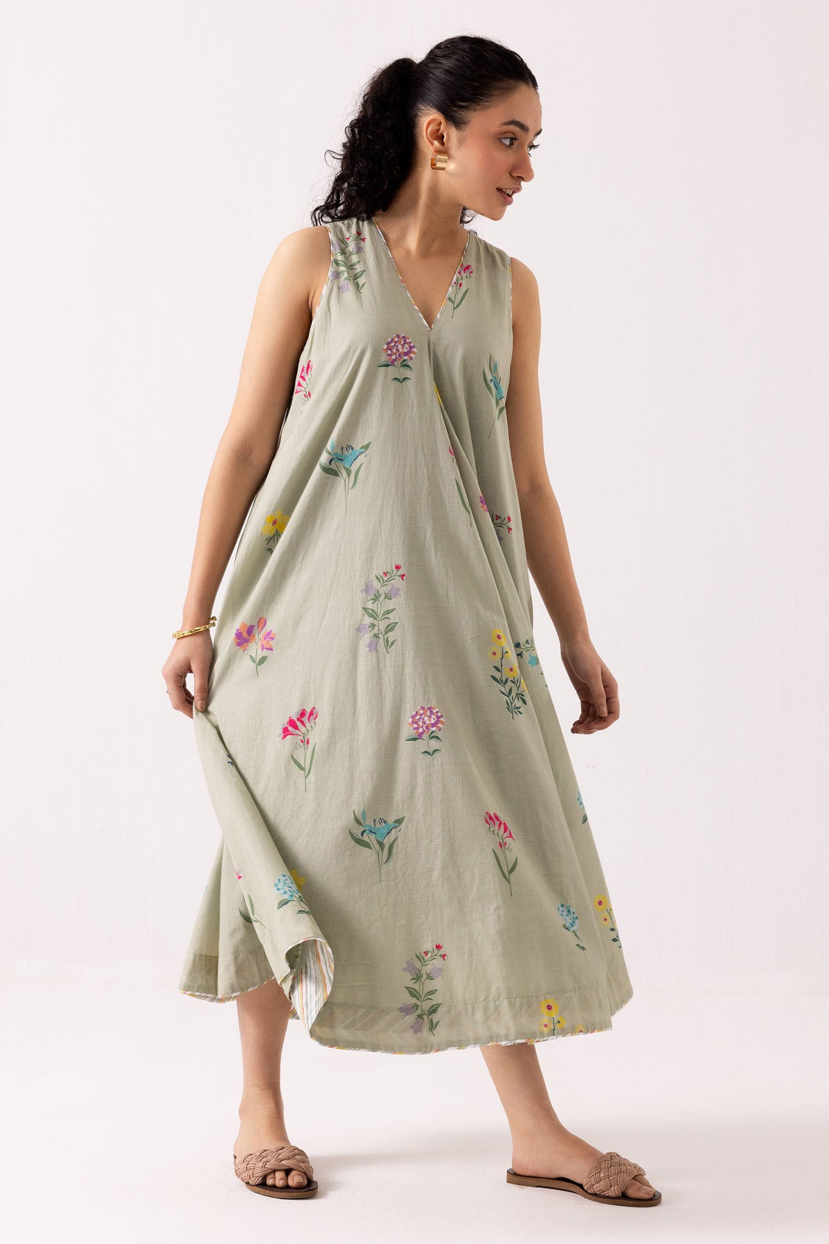 Green Cotton Printed Midi Dress