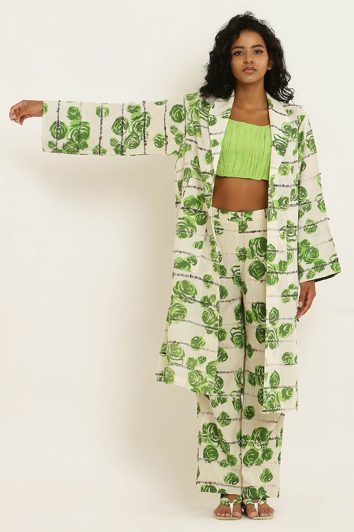 Designer Kusmi Green Handwoven Rose Print Pants For Women at ScrollnShops