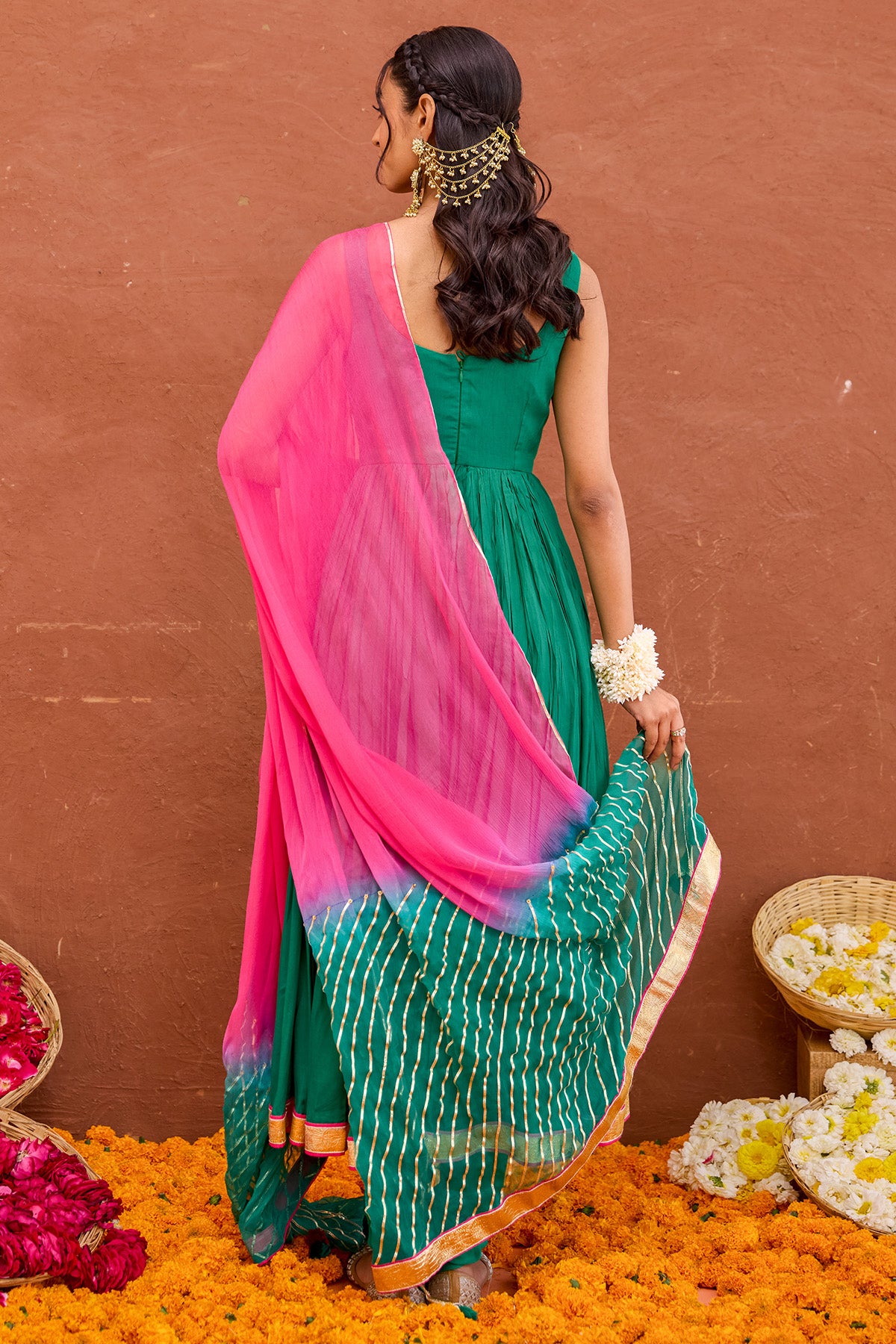 Green Cotton Silk Anarkali Set