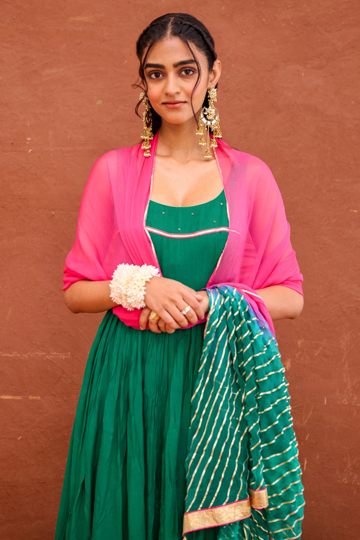 Green Cotton Silk Anarkali Set