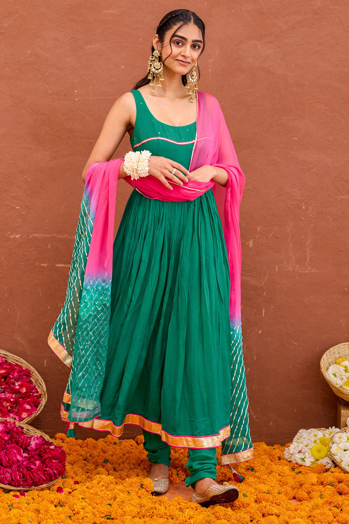 Green Cotton Silk Anarkali Set