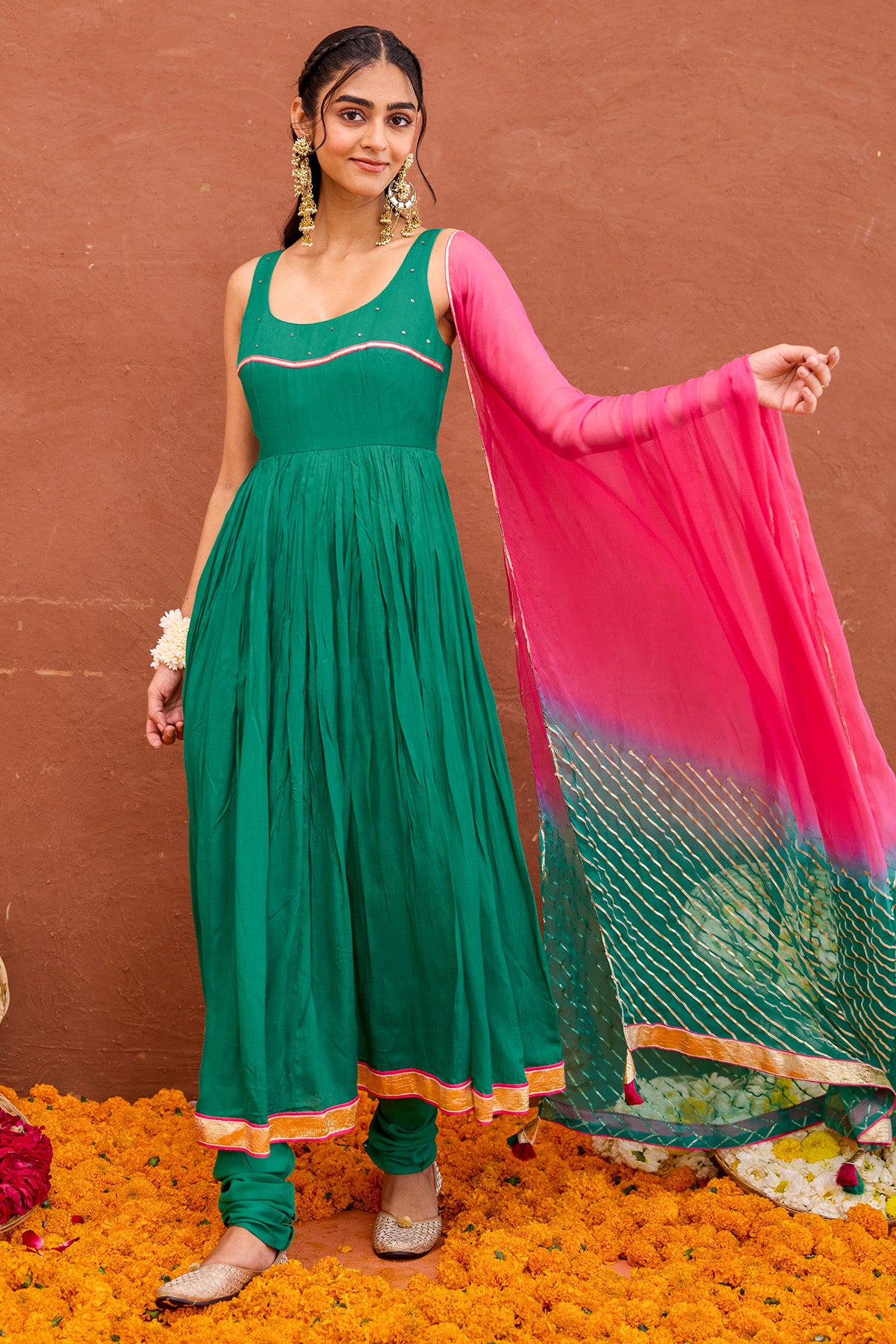 Green Cotton Silk Anarkali Set
