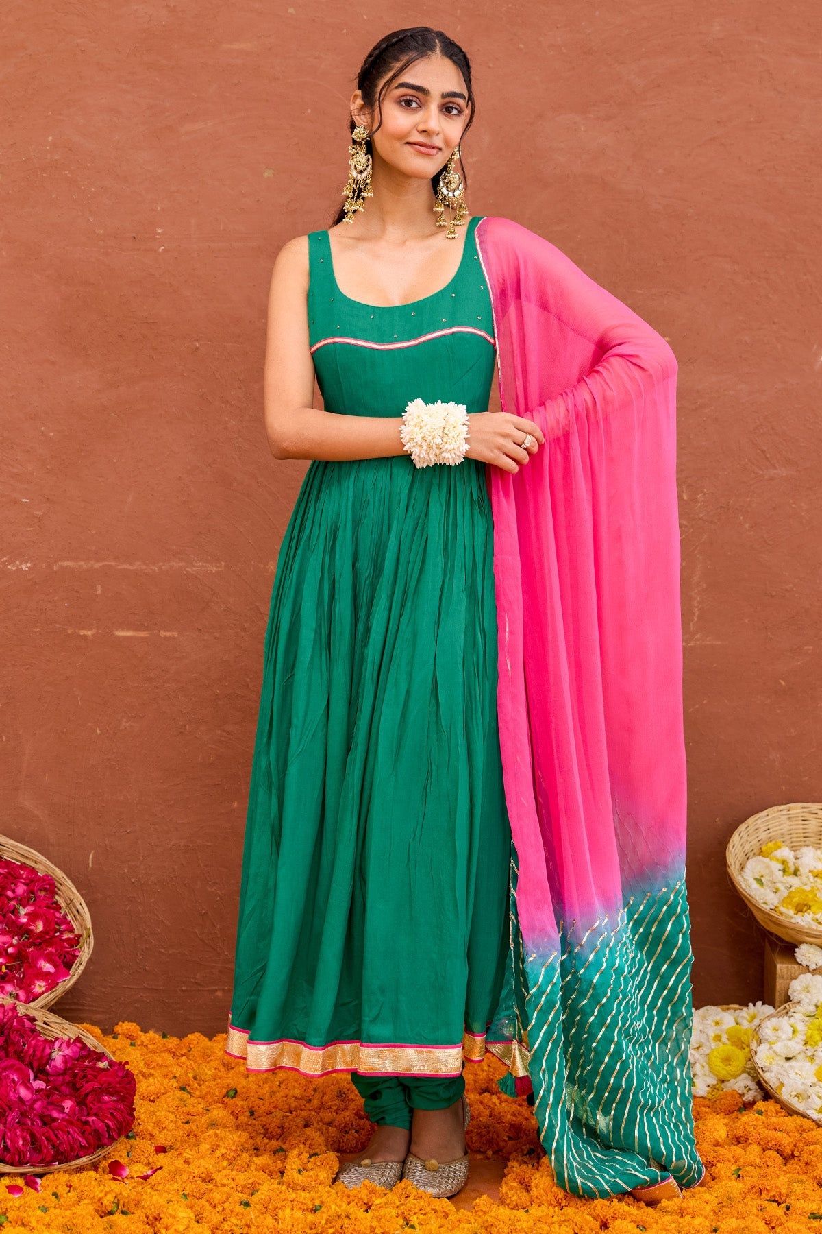 Buy Green Cotton Silk Anarkali Set for women by Taro India online available at scrollnshops