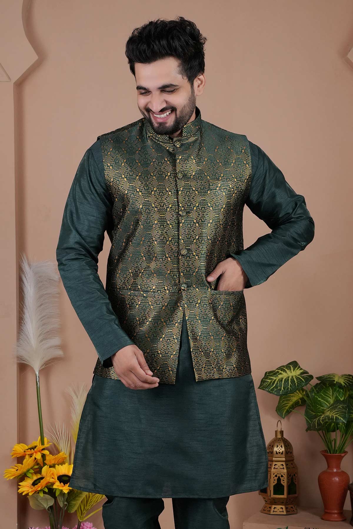 Buy Green Cotton Silk Bundi Jacket for men by Aastha Fashion online available at scrollnshops
