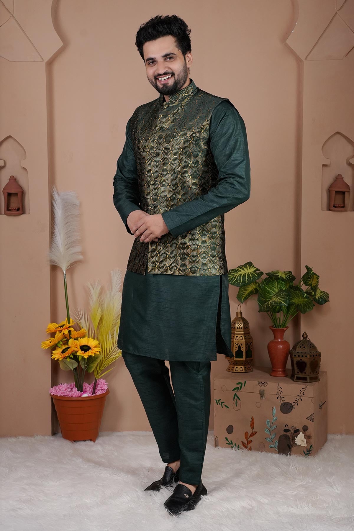 Green Cotton Silk Bundi Jacket