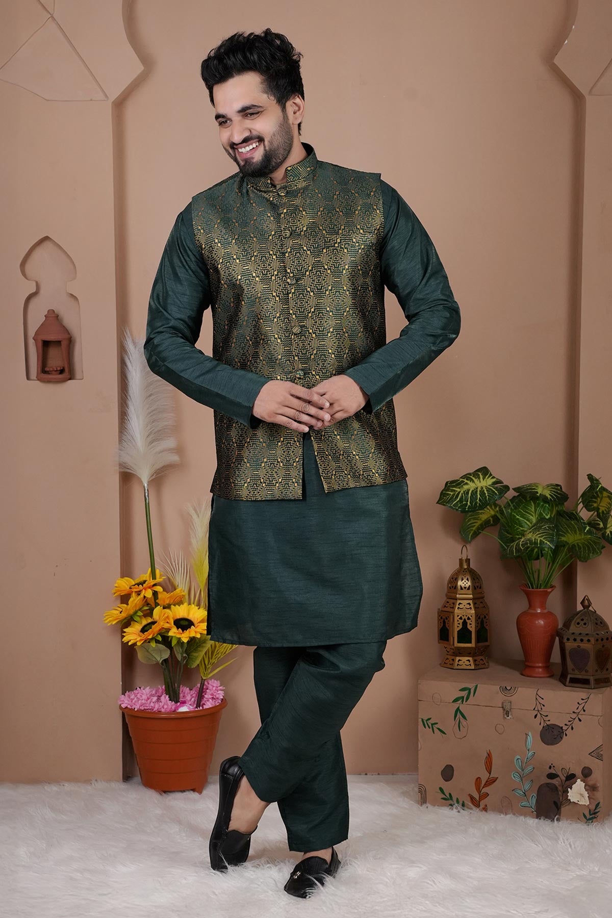 Green Cotton Silk Bundi Jacket