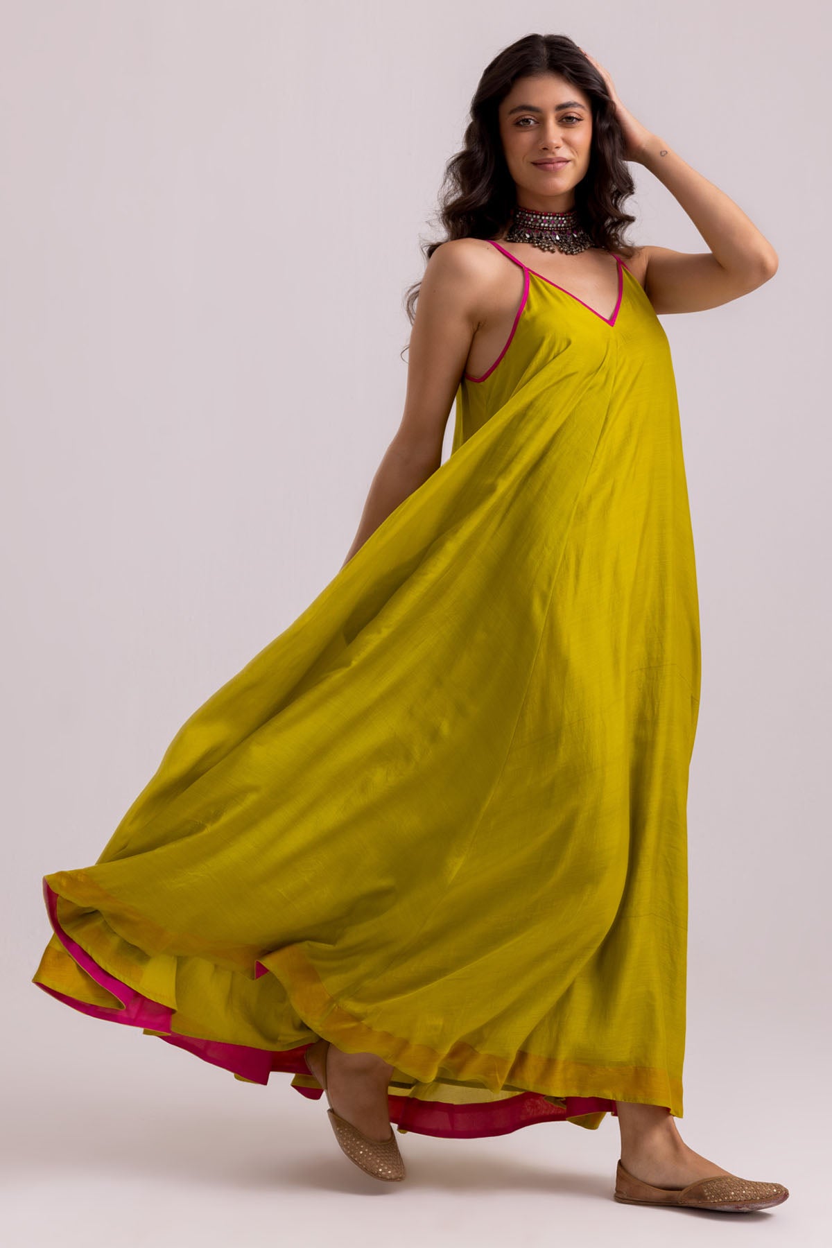 Green Cotton Silk Flowy Dress